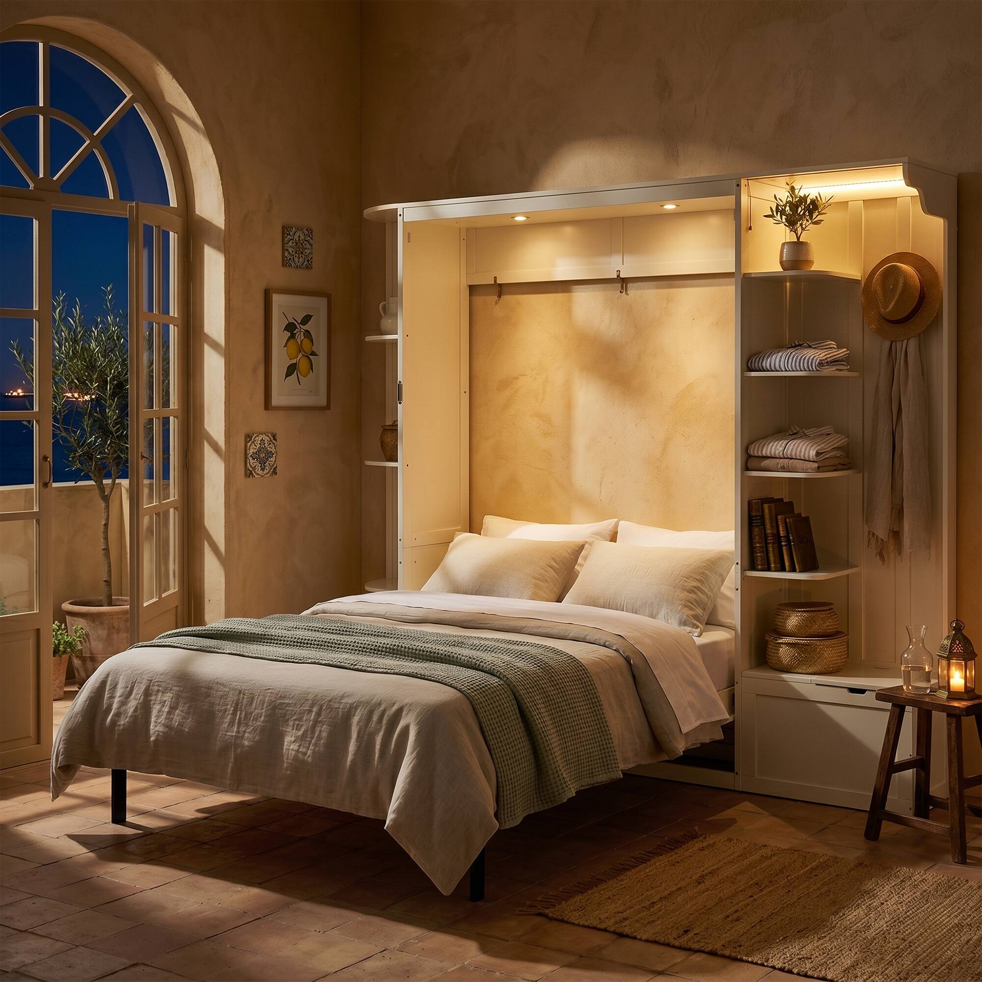 Angle. Whisen - Queen Murphy Bed with Desk Storage & LED Lights, Space-Saving Wall Bed for Guest Room & Home Office - White.