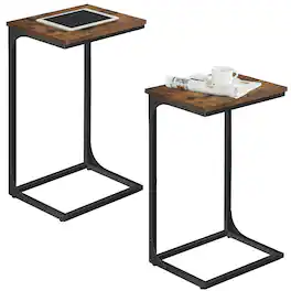 Songmics Home - C-Shaped End Table, Set of 2, Side Table for Sofa, Couch Table with Metal Frame, Small TV Tray Table for Living Room - Rustic Brown and Black