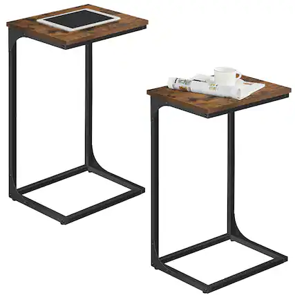 Front. Songmics Home - C-Shaped End Table, Set of 2, Side Table for Sofa, Couch Table with Metal Frame, Small TV Tray Table for Living Room - Rustic Brown and Black.