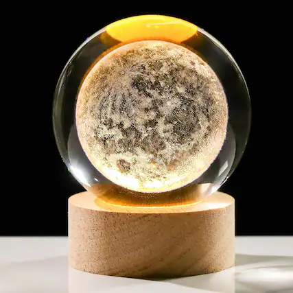 Front. MOSZAR LLC - 3D Crystal Moon Ball Lamp, Laser Engraved, Space Decor, Night Light for Kids.