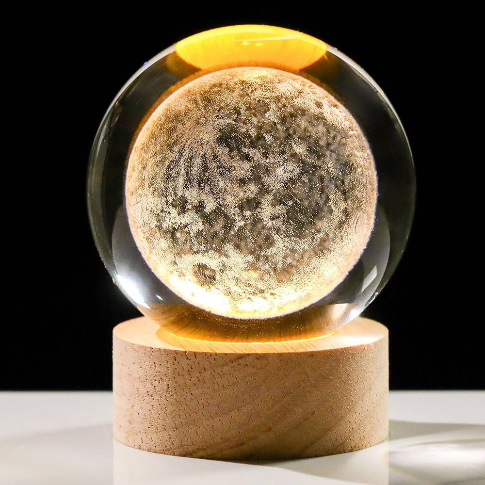 MOSZAR LLC - 3D Crystal Moon Ball Lamp, Laser Engraved, Space Decor, Night Light for Kids