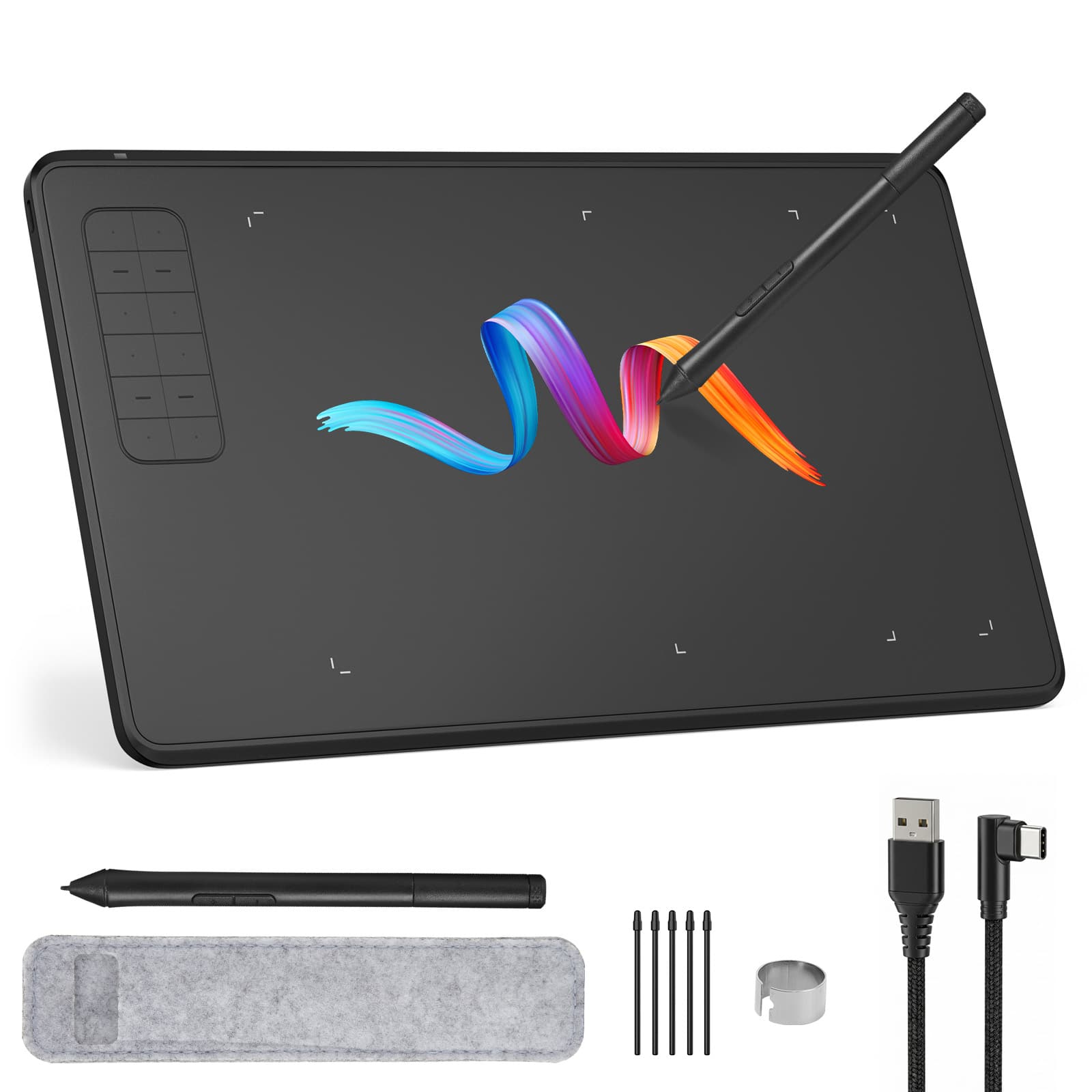 IMAGE - Large Active Area Graphics Tablet 9.45" x 6.1", 8192 Levels Pressure Battery-Free Pen for Digital Drawing & Design - Black