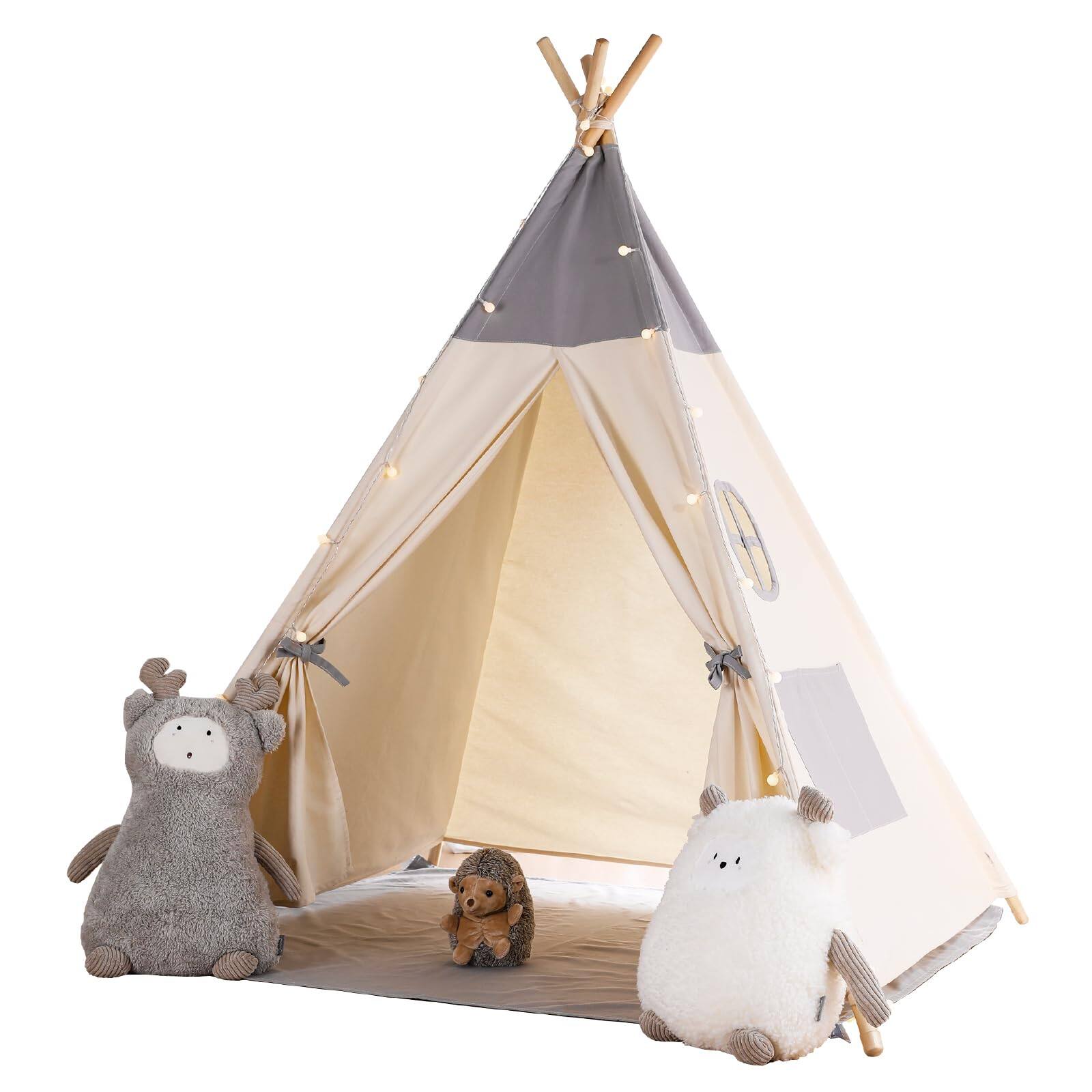 Alt View 4. Skar Audio - Teepee Tent For With Light & Mat Tents Indoor Play Playhouse Tipi Cotton Tee Pee - Off-white padded mat.