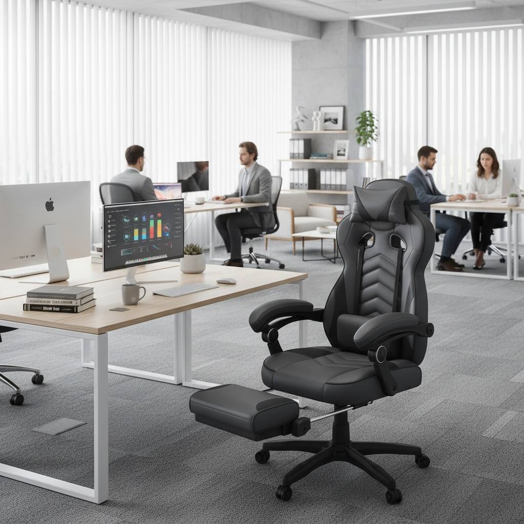 Alt View 6. Forest'nSky - Black & Grey Racing Style Executive Gaming Chair with Full Recline & Footrest - Grey.