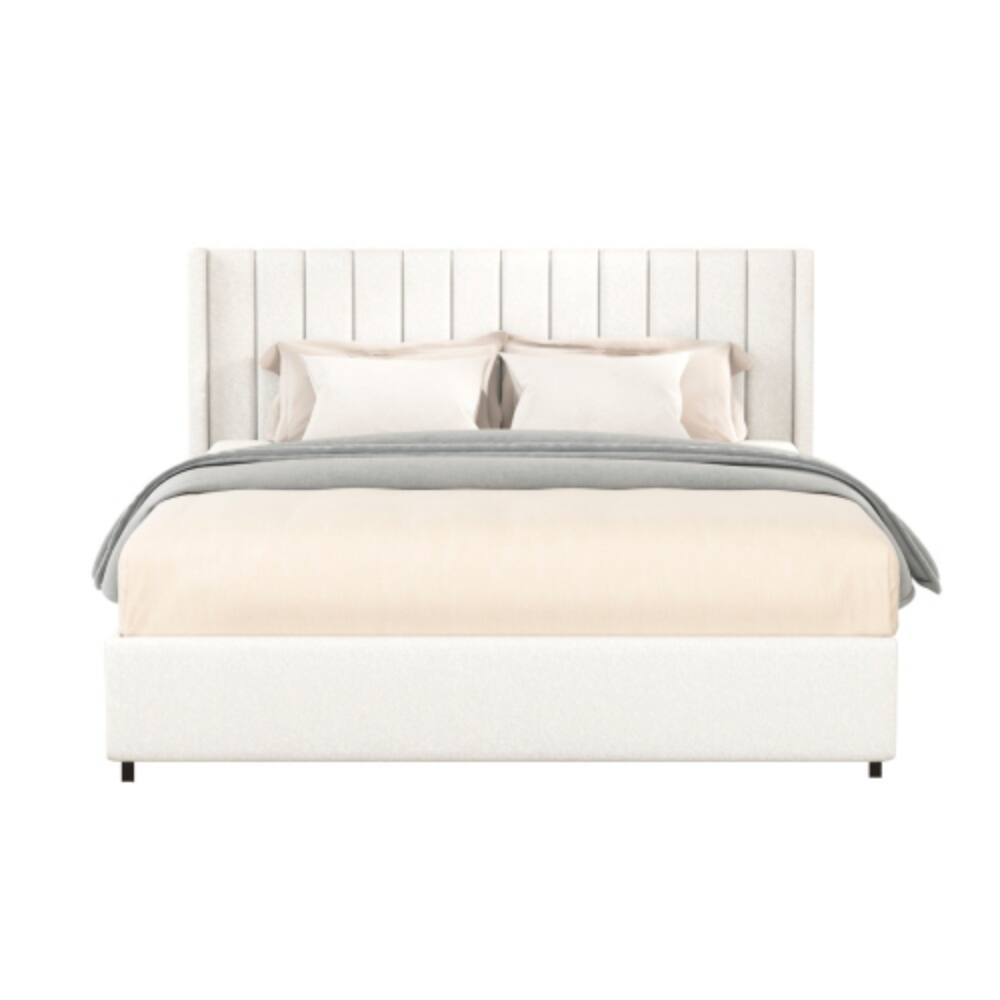 Alt View 4. LUCKY ONE - Queen Size Ivory Boucle Upholstered Platform Bed with Patented 4 Drawers Storage, Tufted Headboard, Wooden Slats - Ivory.