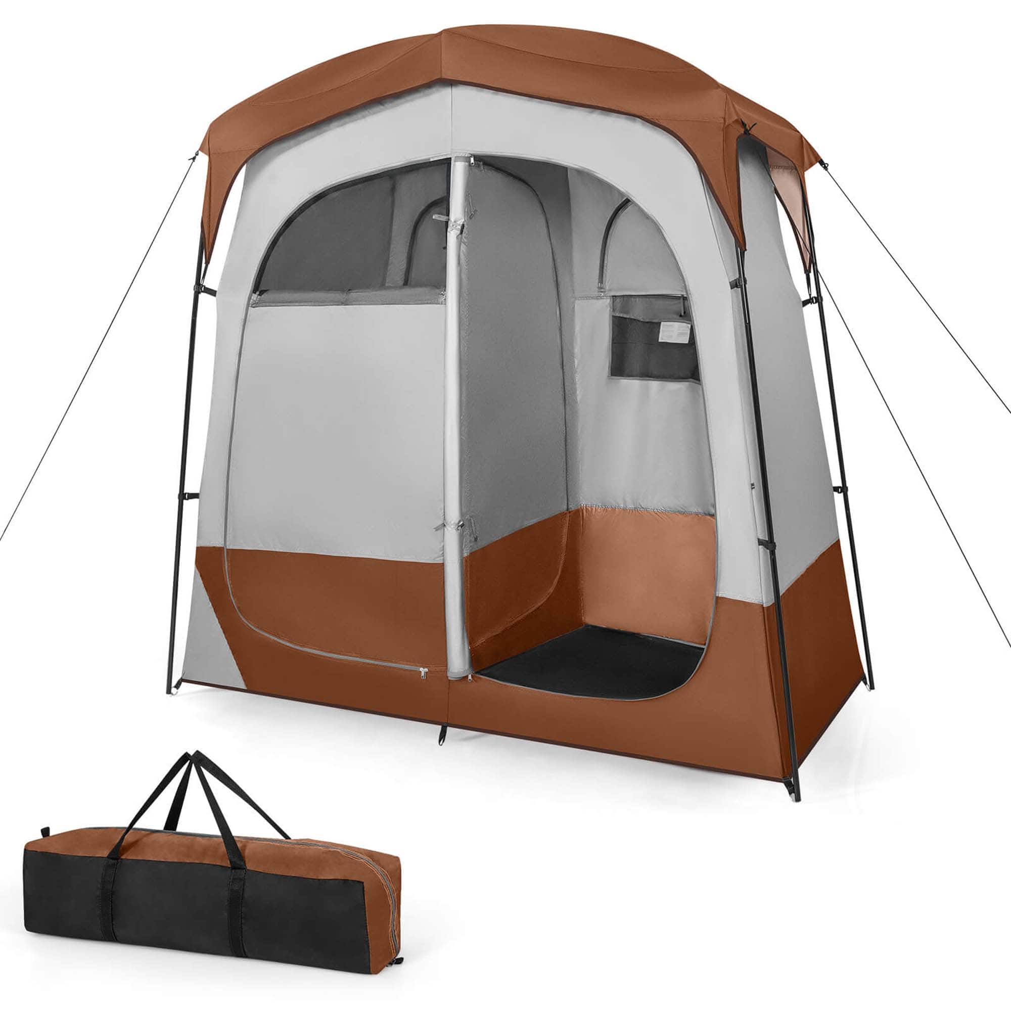 Costway - 2 Room Shower Tent Oversize Privacy Shelter Portable Dressing Toilet Outdoor - Brown