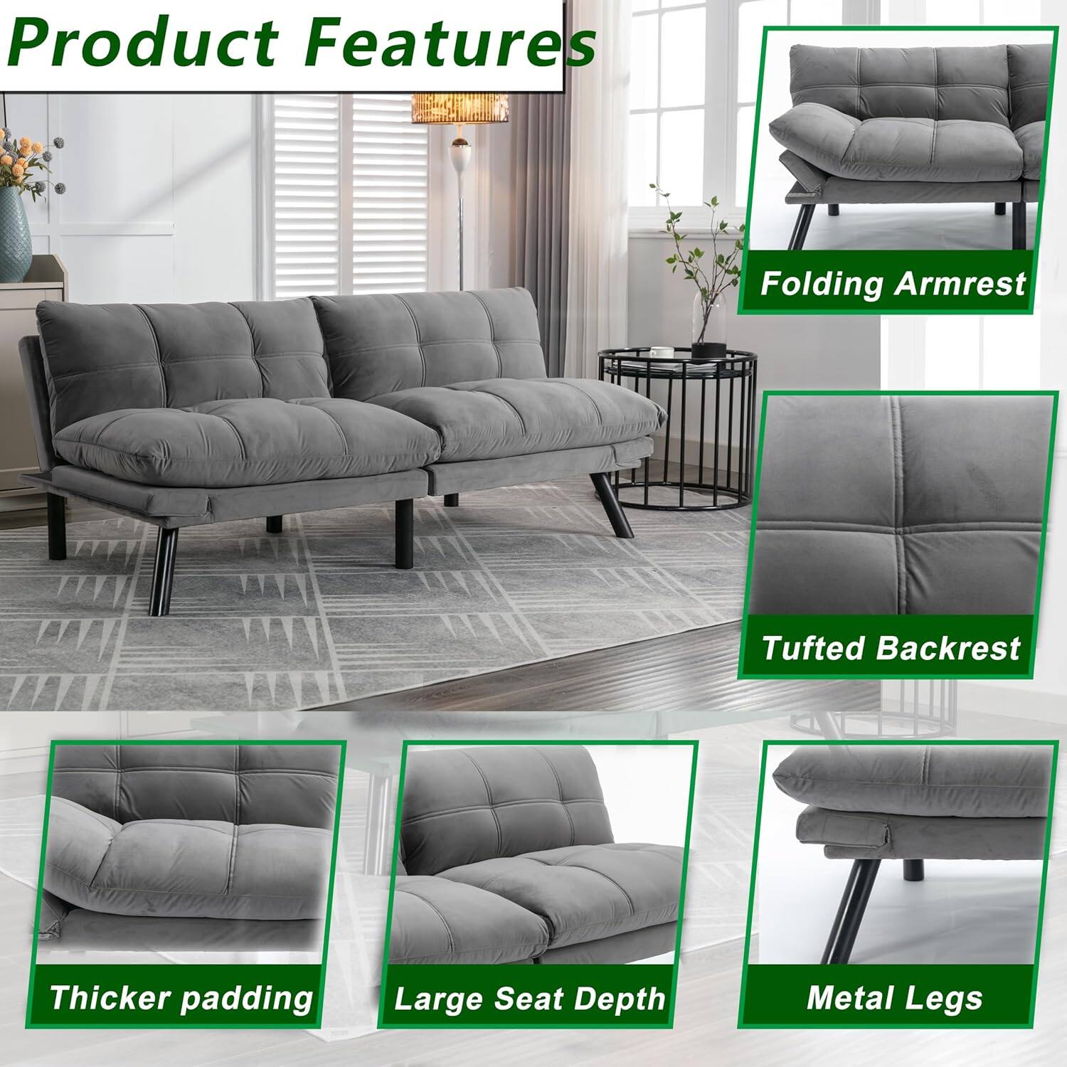 Product Features

- Folding Armrest
- Tufted Backrest
- Thicker padding
- Large Seat Depth
- Metal Legs