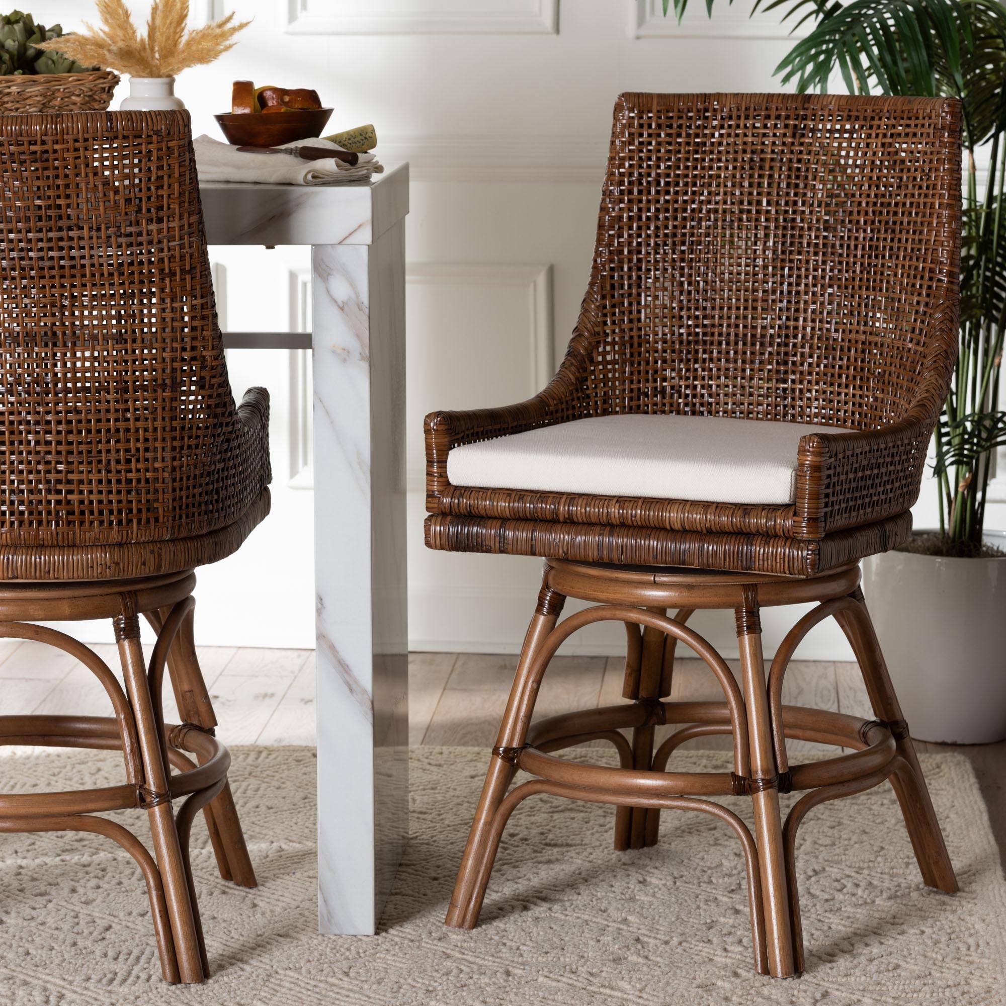 Alt View 4. bali & pari - Bella Swivel Rattan Counter Stool with Cushion - Handwoven Wicker Kitchen Island Seating with Backrest and Footrest - Coffee Bean.