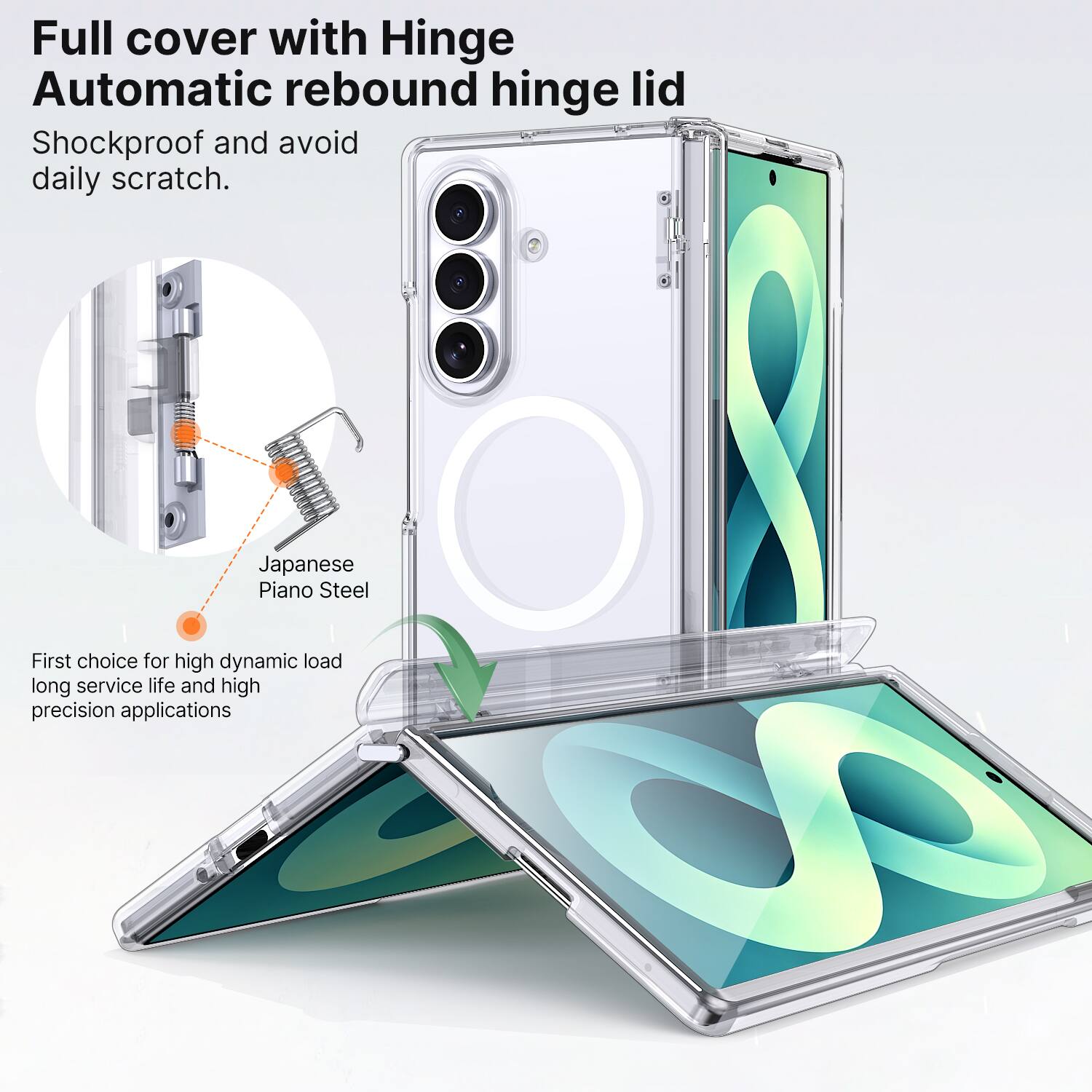 Full cover with Hinge Automatic rebound hinge lid  
Shockproof and avoid daily scratch.  

Japanese Piano Steel  
First choice for high dynamic load long service life and high precision applications