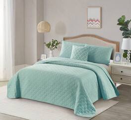 Bibb Home - 4 Piece Solid Quilt Set with Cushion - Light Blue
