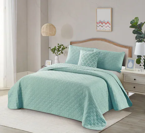 Front. Bibb Home - Bibb Home 4 Piece Solid Quilt Set with Cushion - Light Blue.