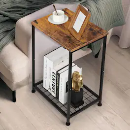 Oumilen - Set of 2 End Tables, Industrial Nightstands with Mesh Shelves - Rustic Brown