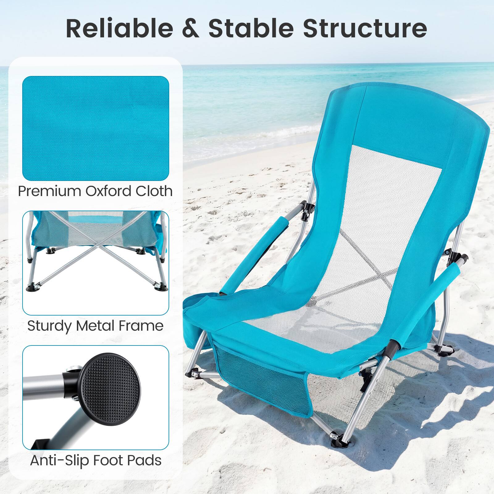 Reliable & Stable Structure

- Premium Oxford Cloth
- Sturdy Metal Frame
- Anti-Slip Foot Pads