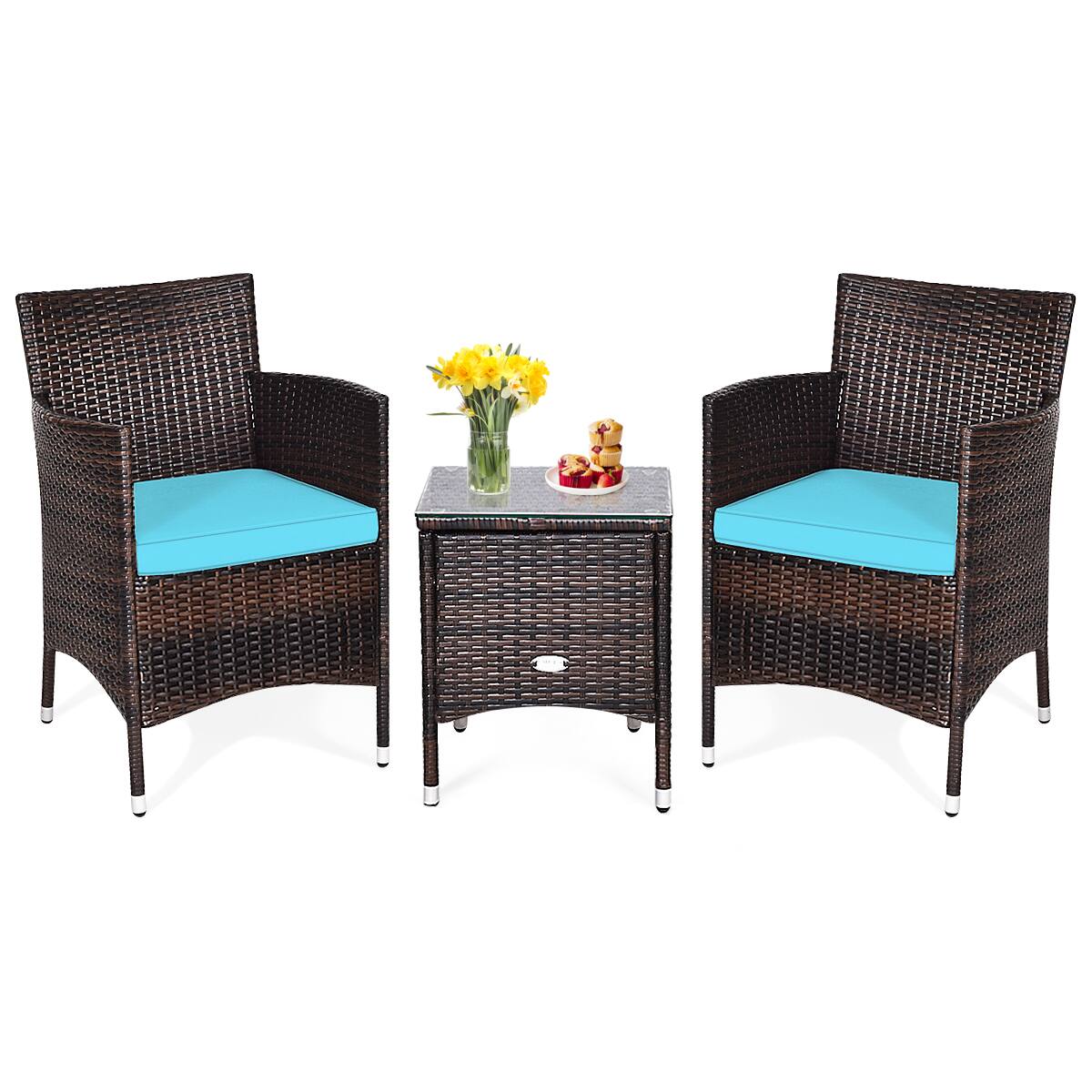 Alt View 9. Gymax - Gymax 3PCS Patio Rattan Chair & Table Furniture Set Outdoor w/ Turquoise Cushion - Turquoise.
