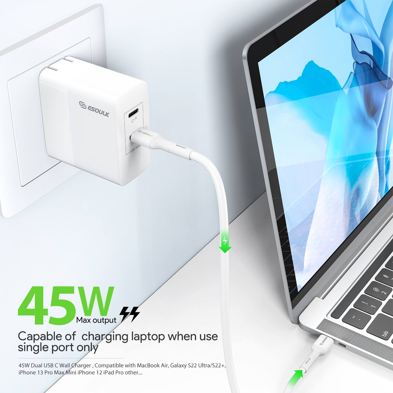 45W  
Max output  

Capable of charging laptop when use single port only  

45W Dual USB C Wall Charger, Compatible with MacBook Air, Galaxy S22 Ultra/S22+, iPhone 13 Pro Max/Mini iPhone 12 iPad Pro other...