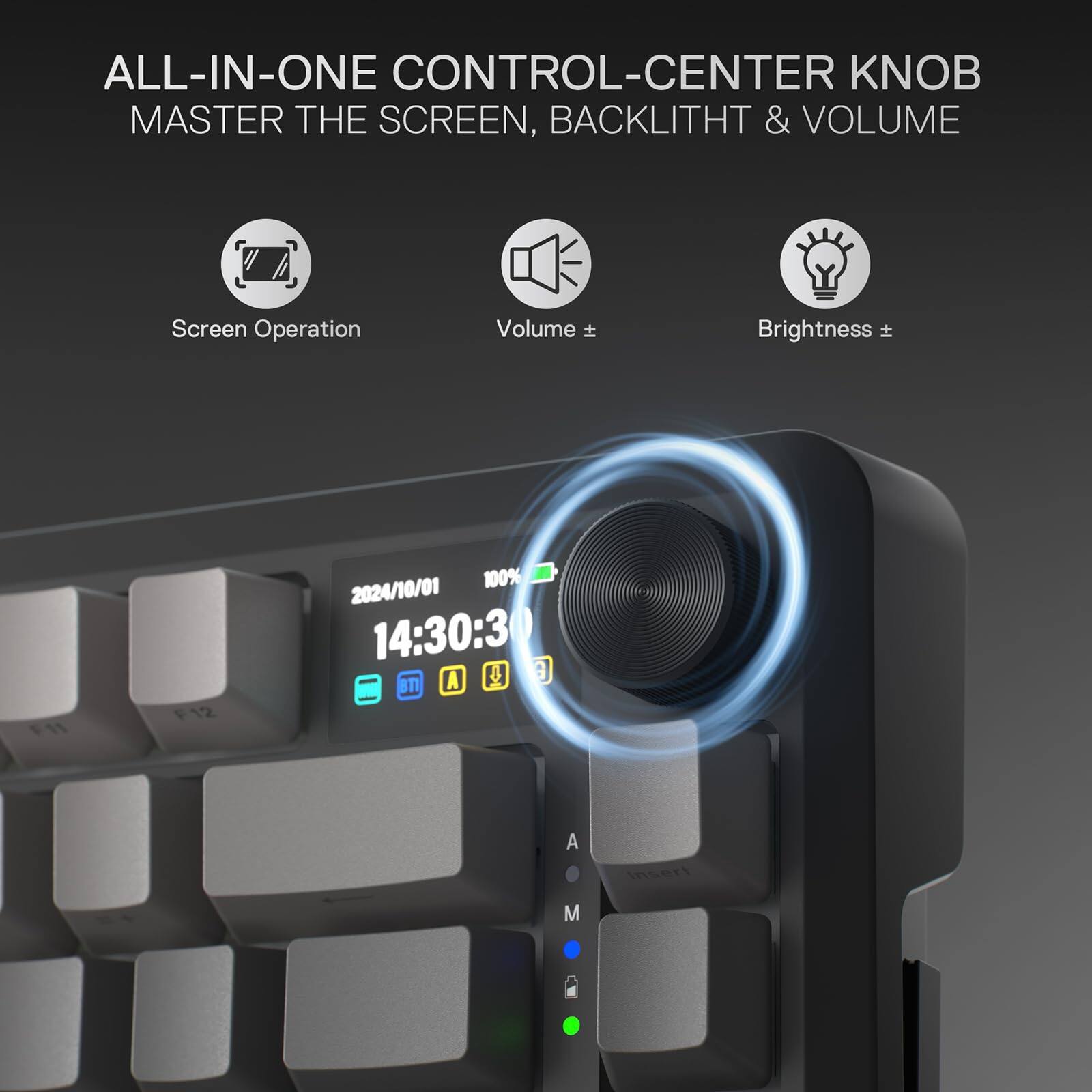 ALL-IN-ONE CONTROL-CENTER KNOB  
MASTER THE SCREEN, BACKLITHT & VOLUME  

Screen Operation  
Volume ±  
Brightness ±  

2024/10/01  
14:30:30  
100%