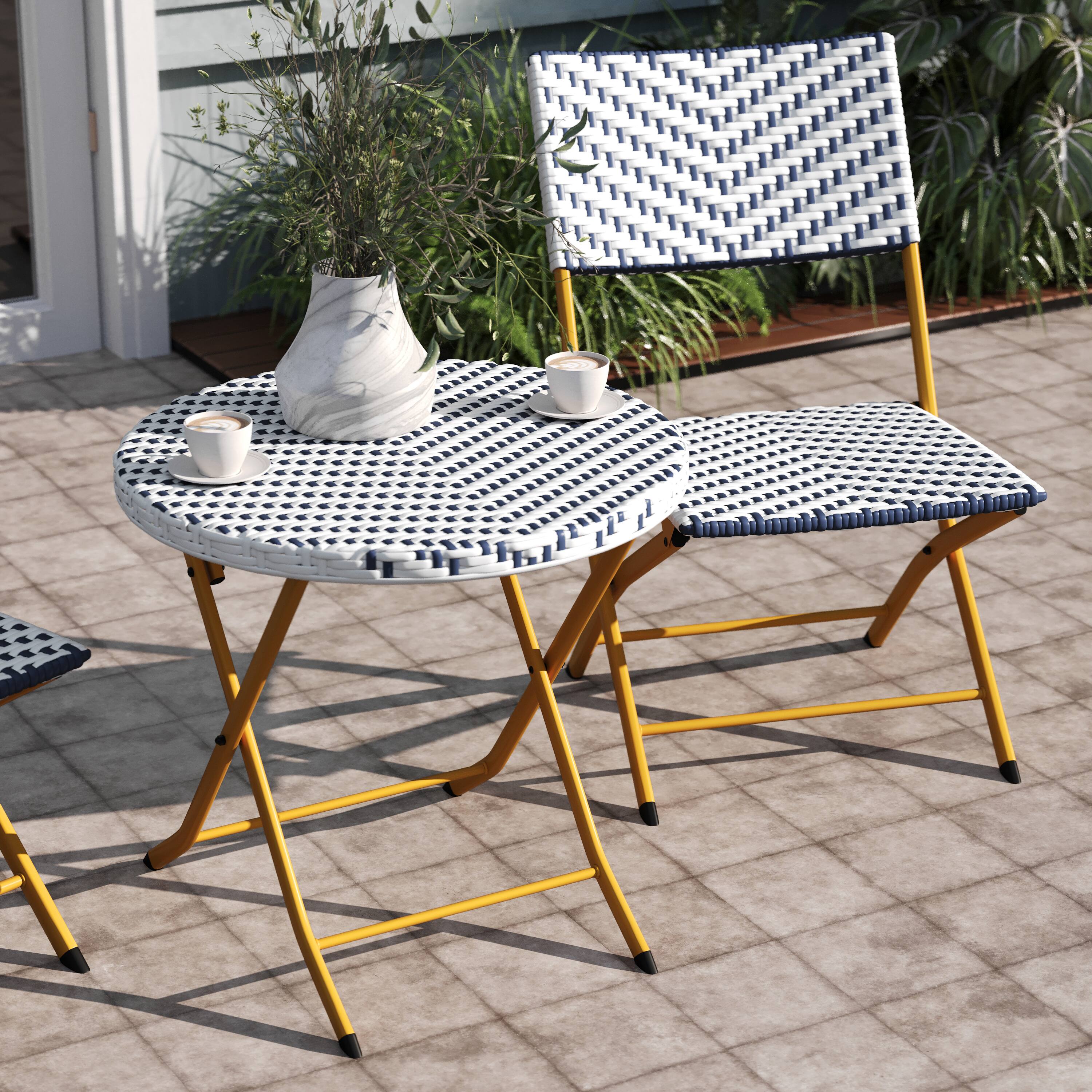 Alt View 3. Emma + Oliver - Ciel Three Piece Folding Bistro Set in PE Rattan with Metal Frames for Indoor and Outdoor Use - Navy & White.