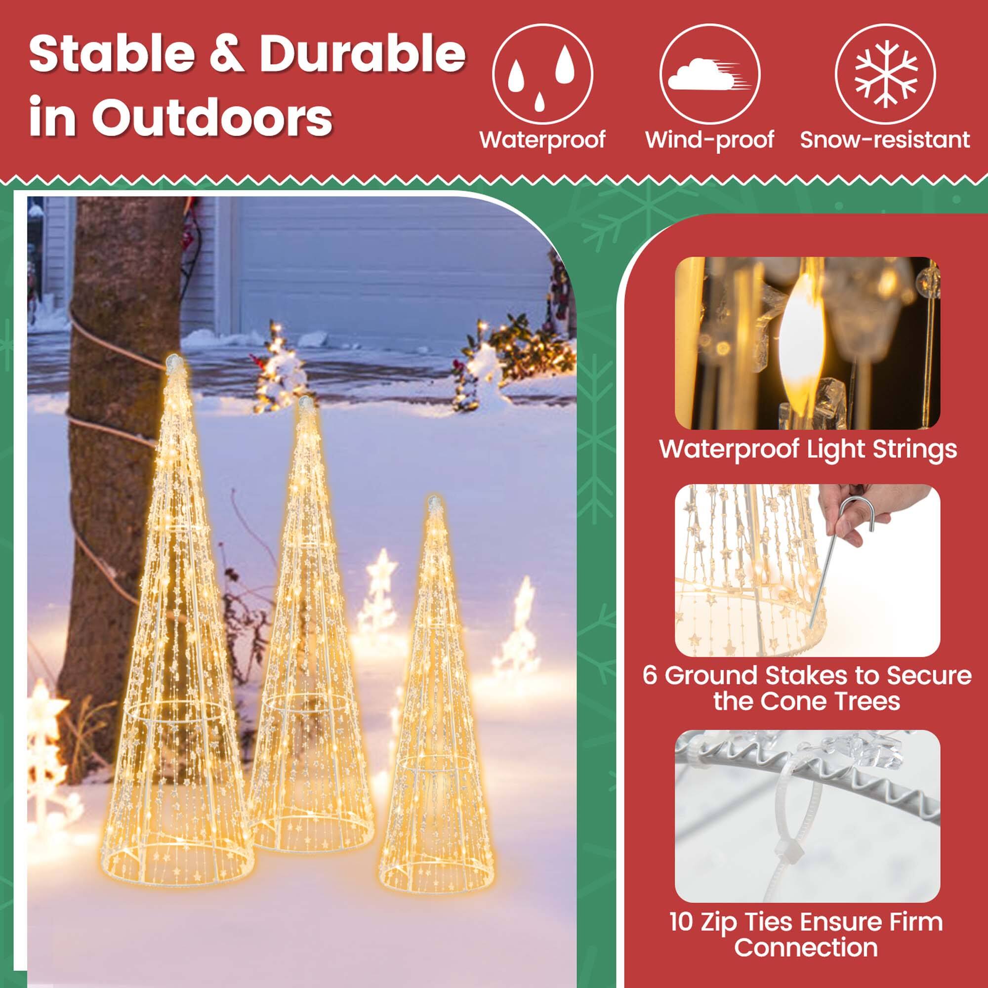 Stable & Durable in Outdoors: Waterproof, Wind-proof, Snow-resistant Waterproof Light Strings: 6 Ground Stakes to Secure the Cone Trees 10 Zip Ties Ensure Firm Connection