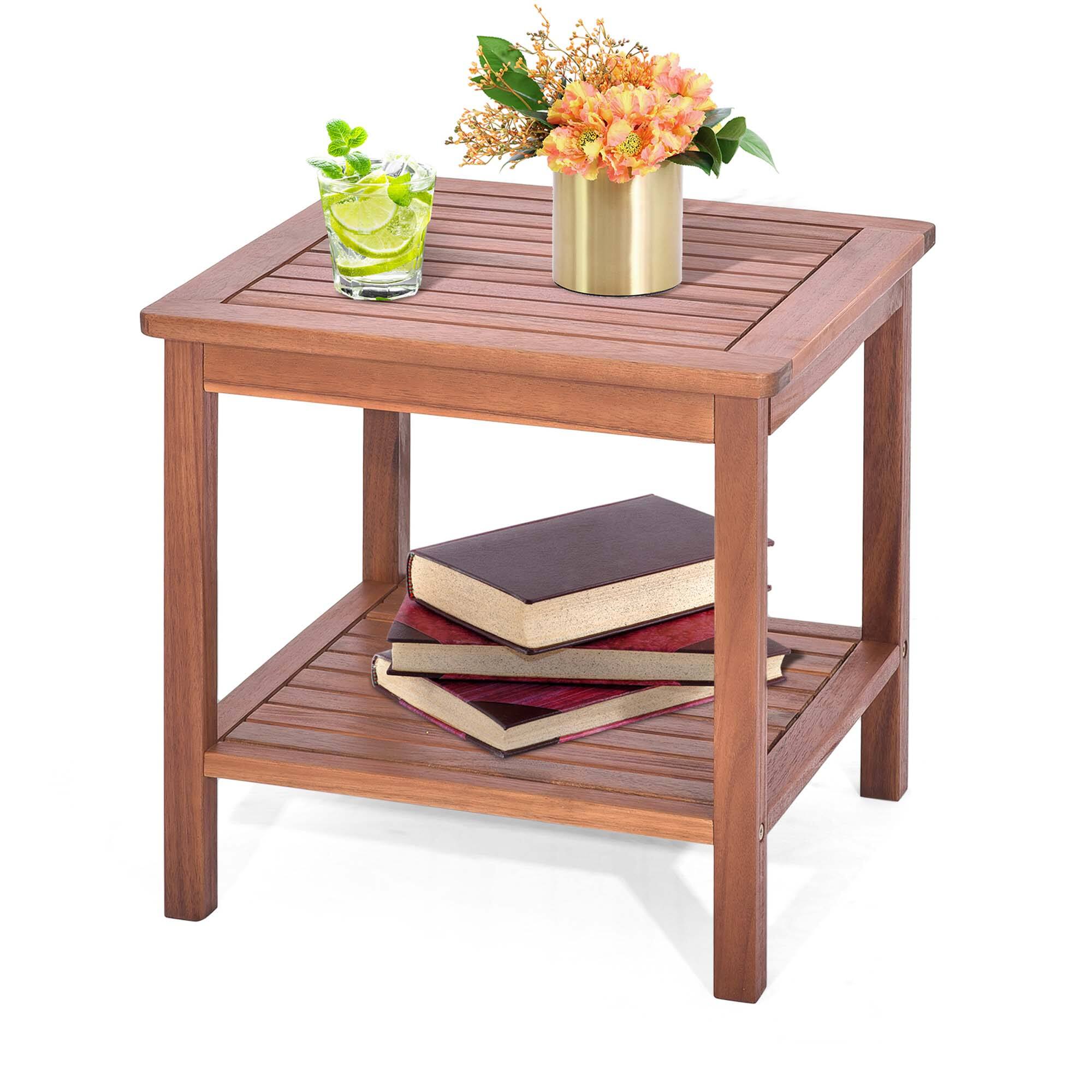 Costway - Patio Acacia Wood Side Table 2-Tier Square End Table Porch Poolside - Natural