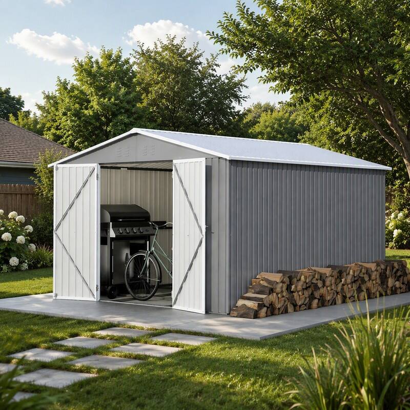Angle. RYHNUYNE - 10x12 ft Galvanized Steel Shed Floor Frame Double Doors Sloped Roof Gray Garden - Gray.