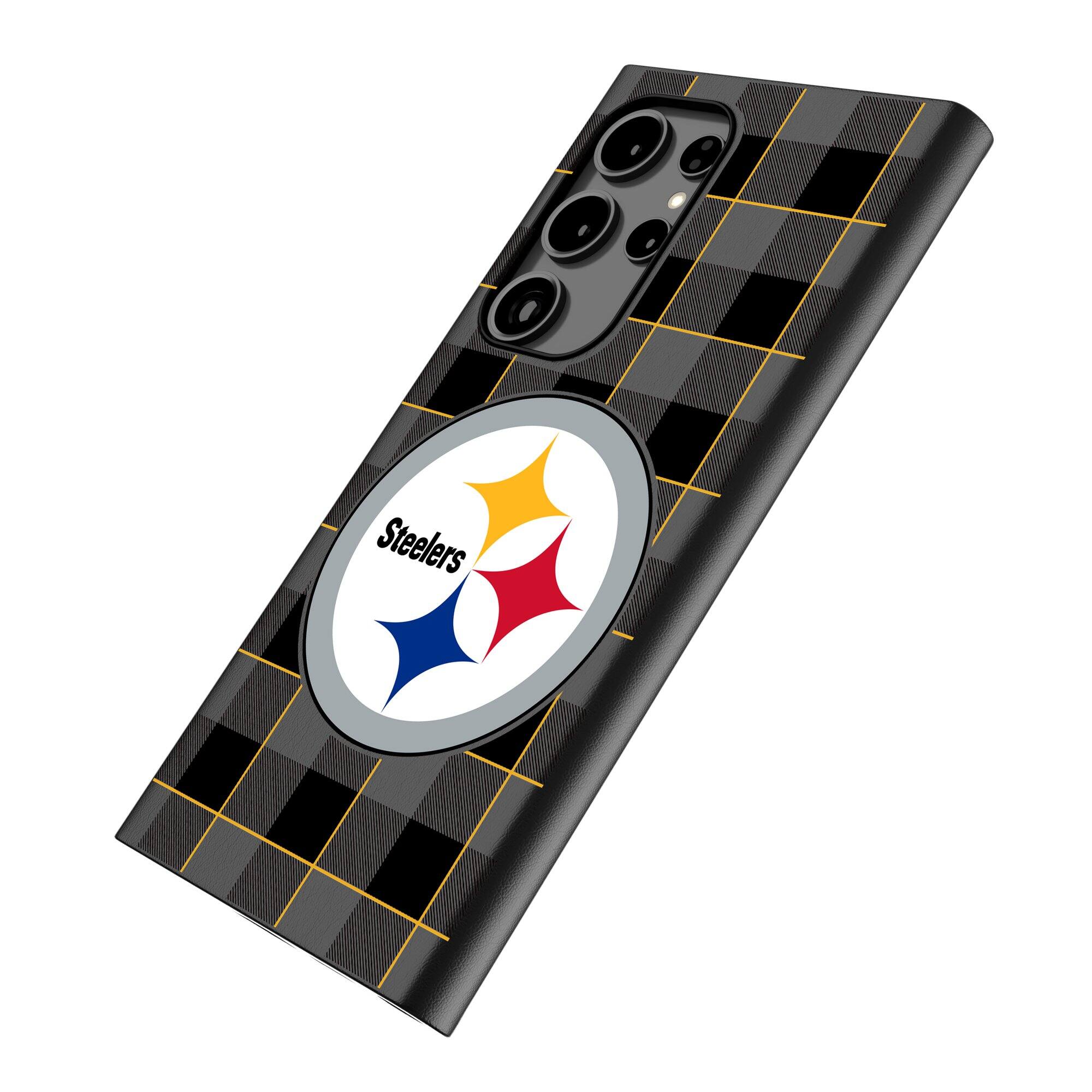 Alt View 1. Keyscaper - Pittsburgh Steelers Plaid Galaxy Magnetic Bump Case - S24 Ultra - Black.