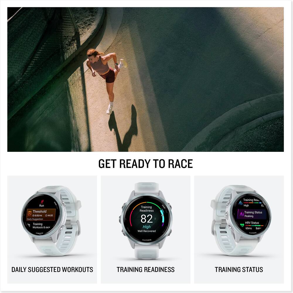 GET READY TO RACE

DAILY SUGGESTED WORKOUTS
- Run Threshold -100 e 1400
- Training Workouts & race

TRAINING READINESS
- 82
- High
- Well Recovered

TRAINING STATUS
- Training Status Peaking
- HRV Status 60ms

BABR SARNIN DAILY SUGGESTED WORKOUTS
TRAINING READINESS
TRAINING STATUS