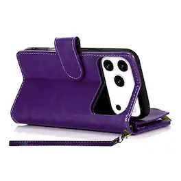 Kitcheniva - PU Leather Phone Wallet Zipper With Tempered Glass For iPhone 17 Pro - Dark Purple