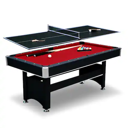 Front. GlowWise - 6ft combo table: pool & ping pong in one. Includes balls, cues, paddles, brush – perfect for family game rooms!.