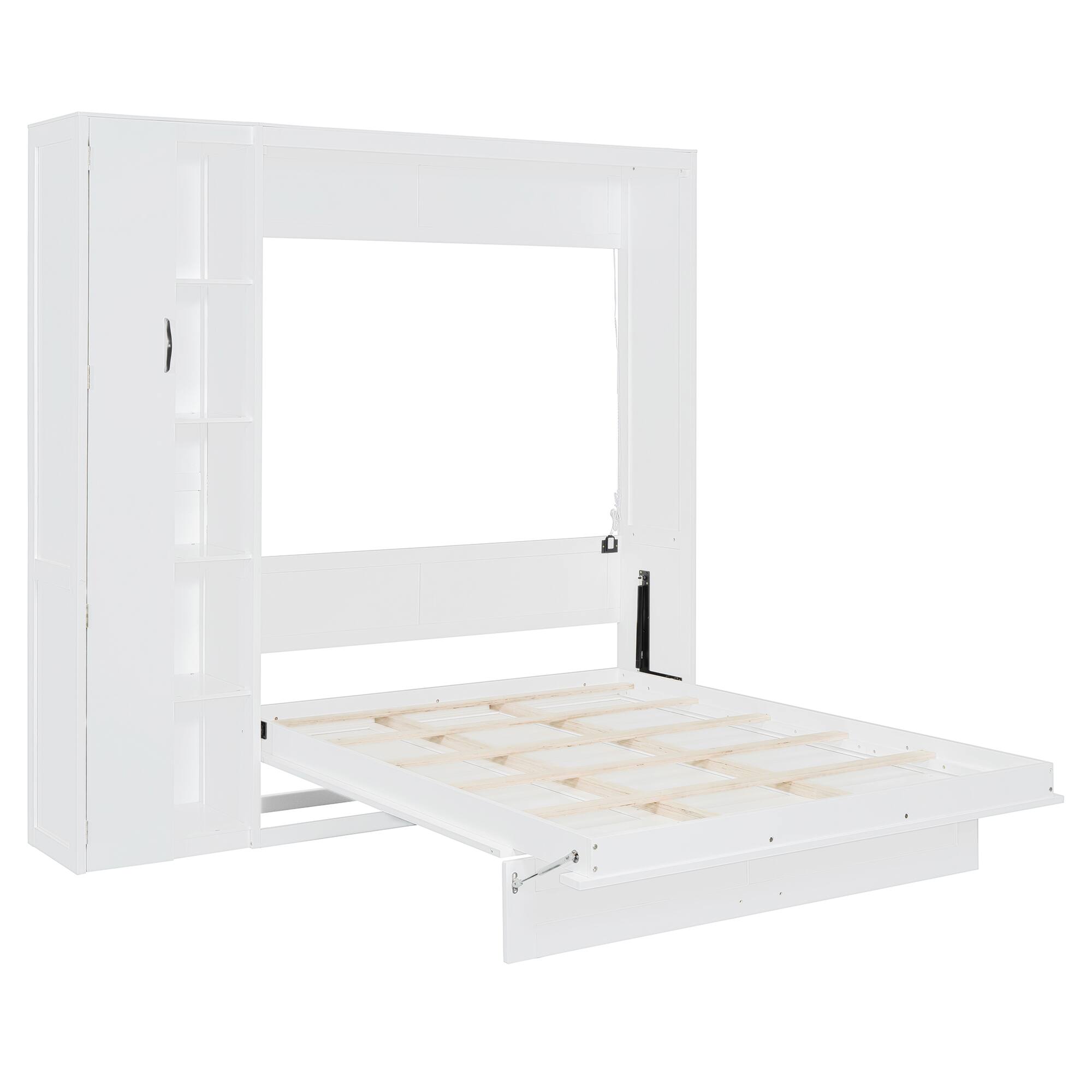 Alt View 7. Tiramisubest - Full Size Murphy Bed with Shelves, Wardrobe & LED Lights, White, 82" L x 16" W x 83" H, 262 lbs - White.