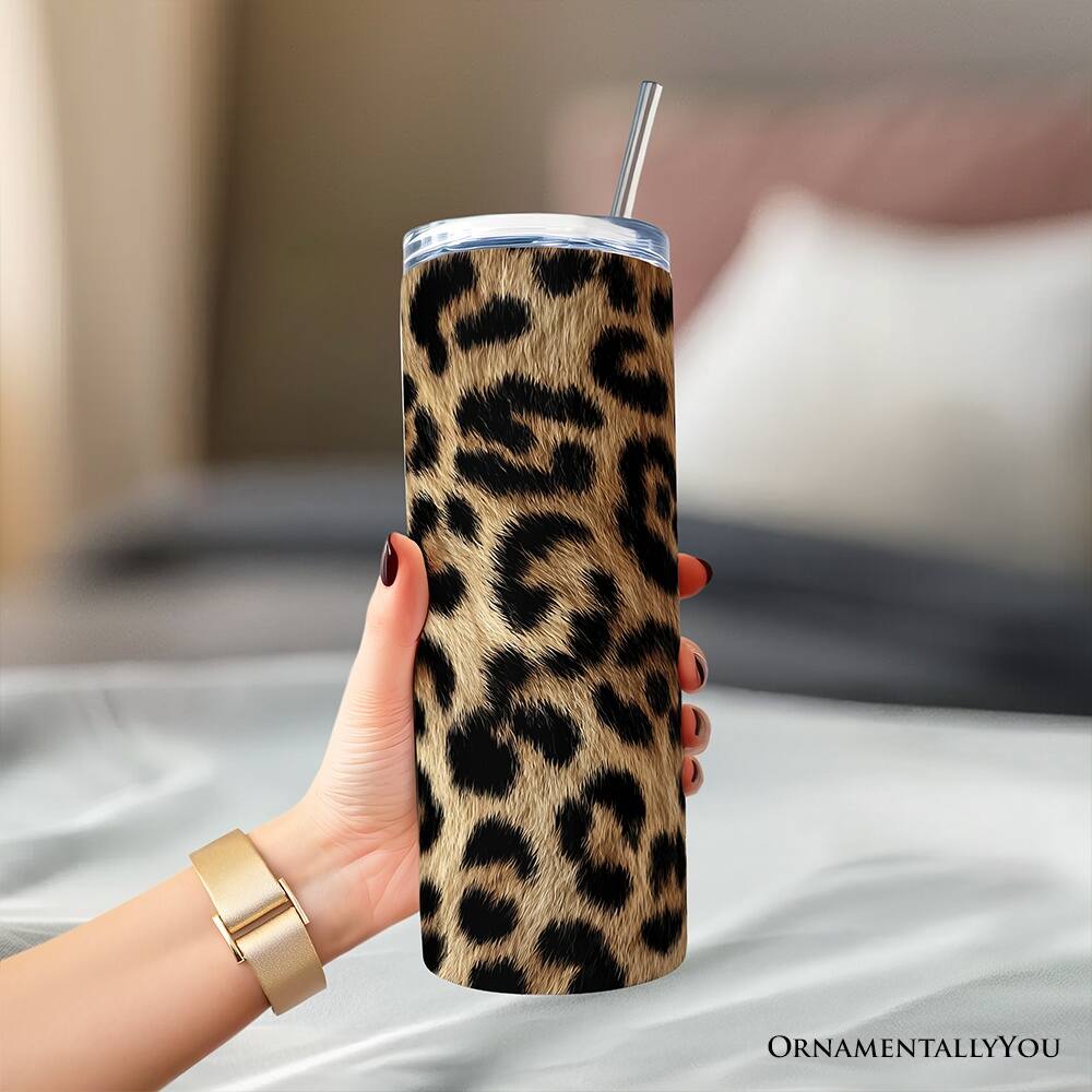 Back. OrnamentallyYou - Wild Leopard Spot Pattern 20oz Tumbler With Lid and Stainless Steel Straw, Stylish Wildlife Gift Cup - Multicolored.