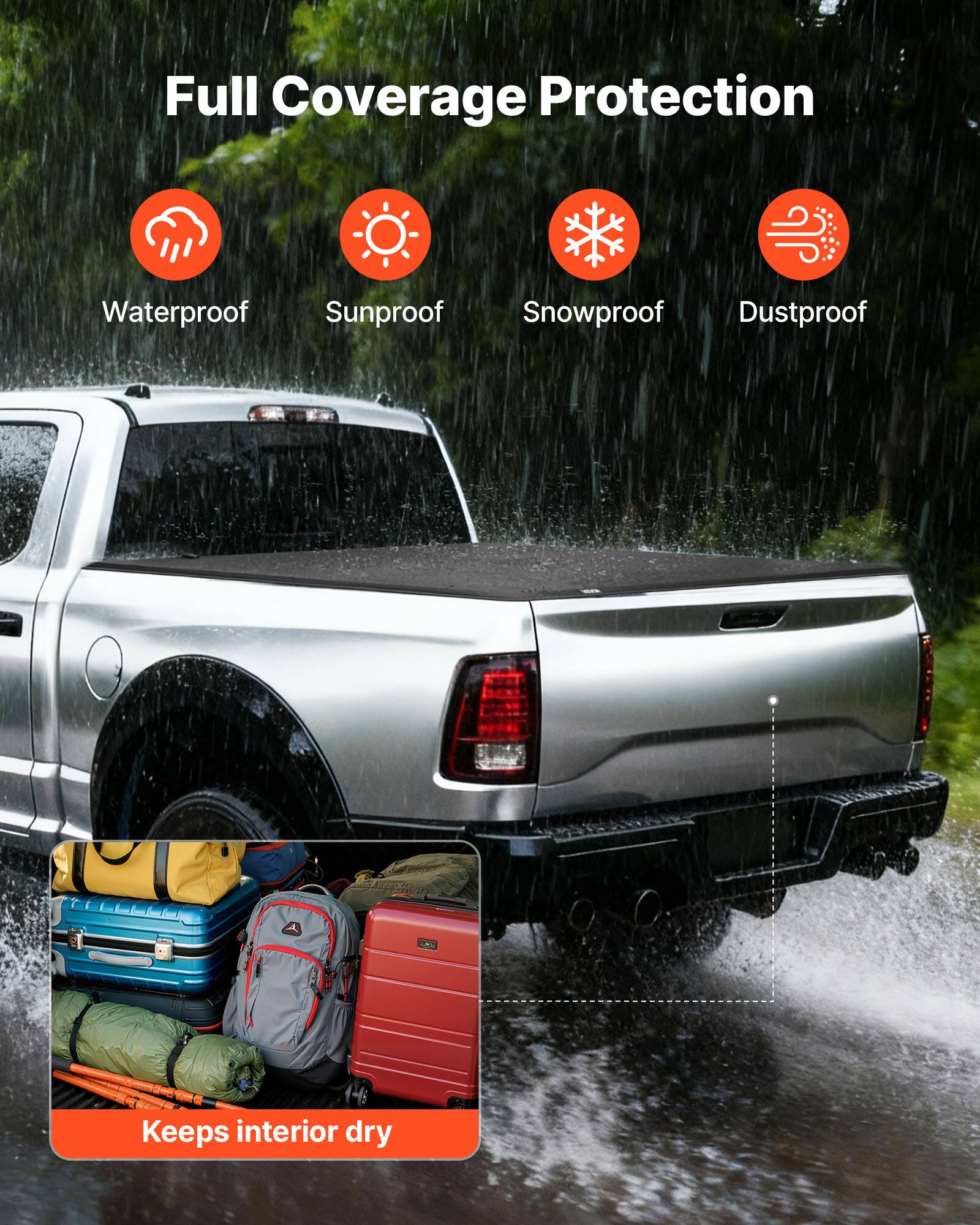 Full Coverage Protection

- Waterproof
- Sunproof
- Snowproof
- Dustproof

Keeps interior dry