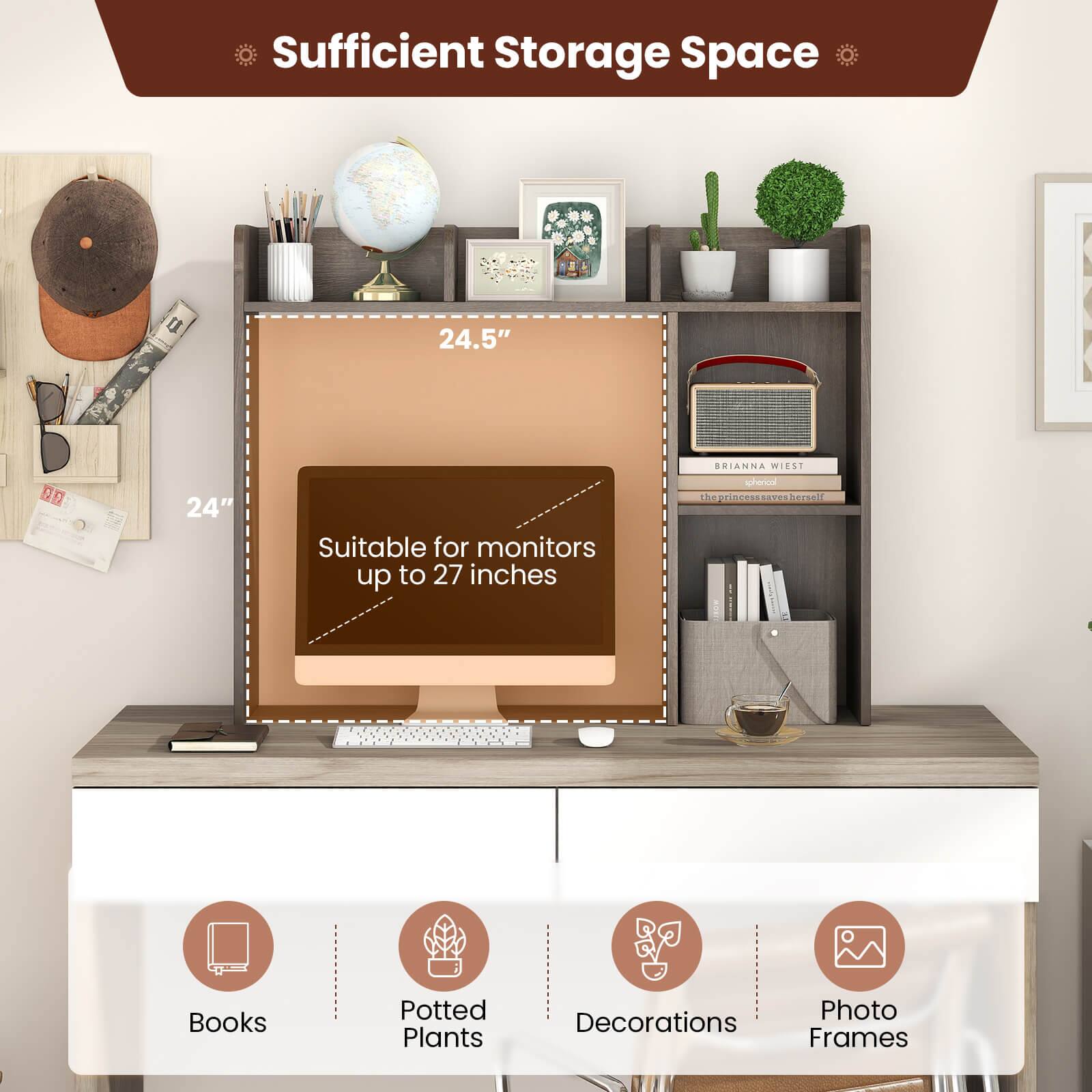 Sufficient Storage Space: 1. 24.5" 00 24" 2. Suitable for monitors up to 27 inches.