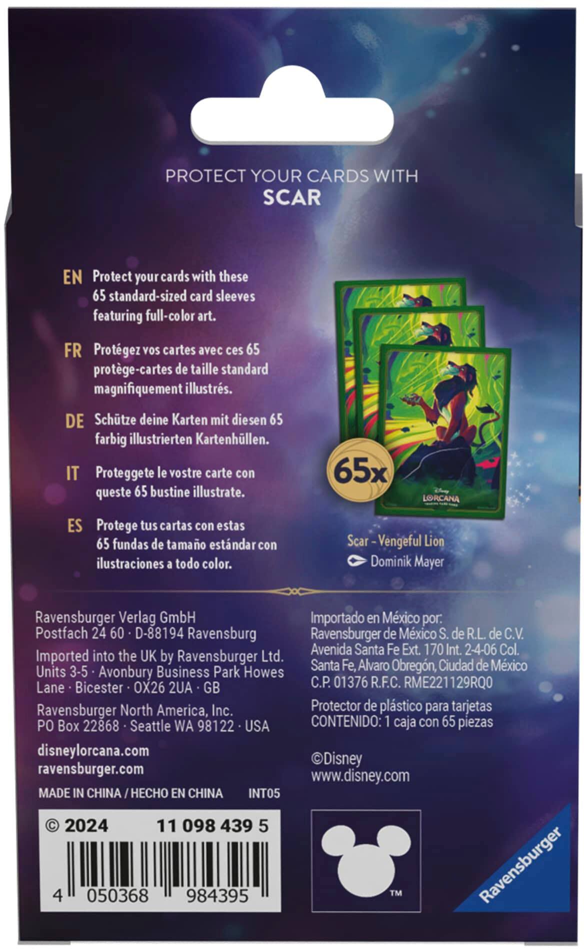The text on the image is in multiple languages, including English, Spanish, Italian, French, and German. The text is grouped and corrected as follows:

1. English: Protect your cards with these 65 standard-sized card sleeves featuring full-color art.
2. Spanish: Protegez vos cartes con estas 65 protge-cartes de taille standard magnifiquement illustrs.
3. Italian: Proteggete le vostre carte con queste 65 bustine illustrate.
4. French: Protegez vos cartes avec ces 65 protge-cartes de taille standard magnifiquement illustres.
5. German: Schtze deine Karten mit diesen 65 farbig illustrierten Kartenhllen.

The text describes a product that helps protect cards by providing card sleeves featuring full-color art. The product is available in different languages, and the packaging includes a Mickey Mouse logo.