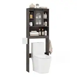 Costway - Over Toilet Storage Cabinet with Sliding Barn Door Toilet Paper Holder Open Shelves - Black Oak