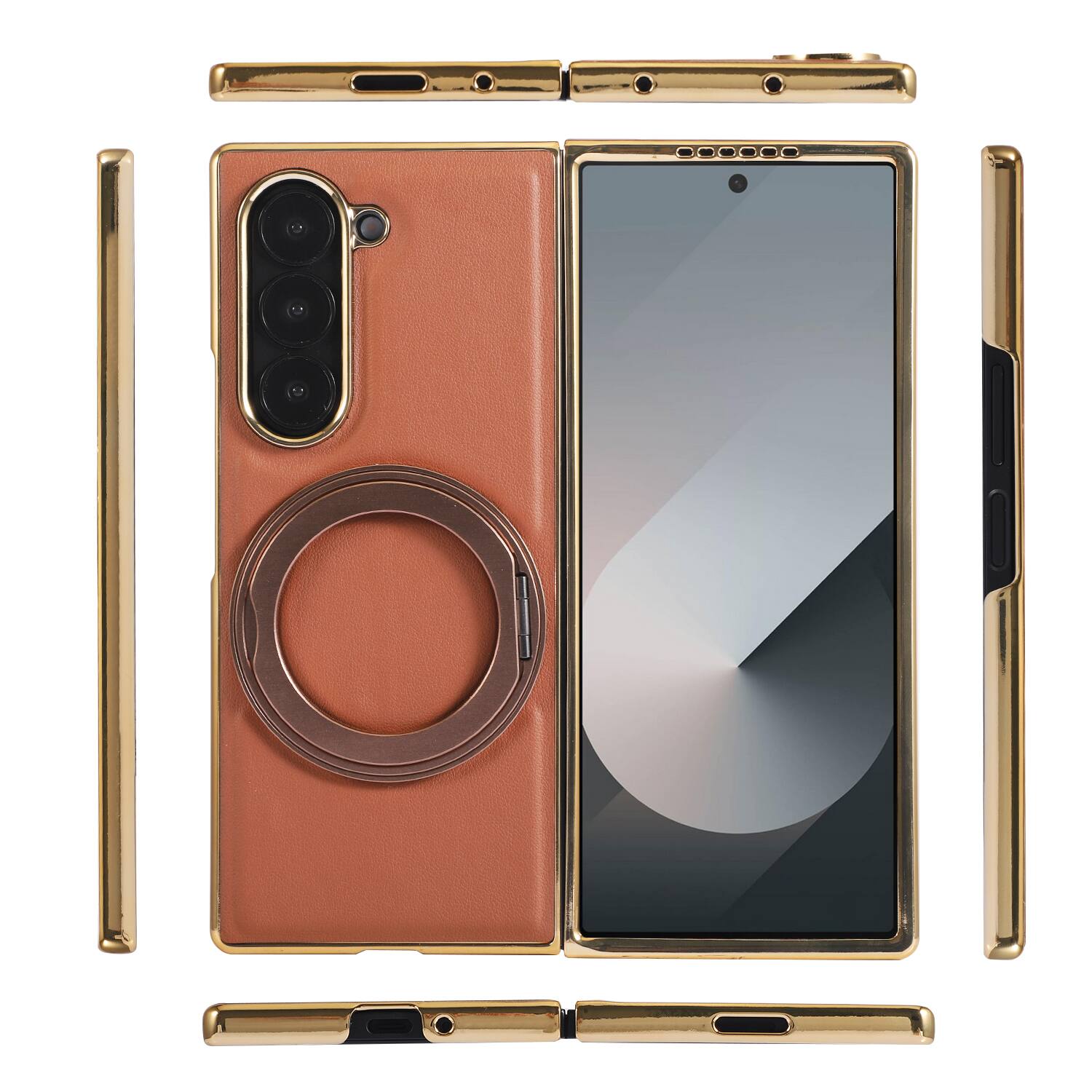 Alt View 2. Dteck - Electroplated Leather Texture Case for Samsung Galaxy Z Fold8 Ultra, Shockproof Magnetic Rigid PC Cover with Ring Stand - Pink.