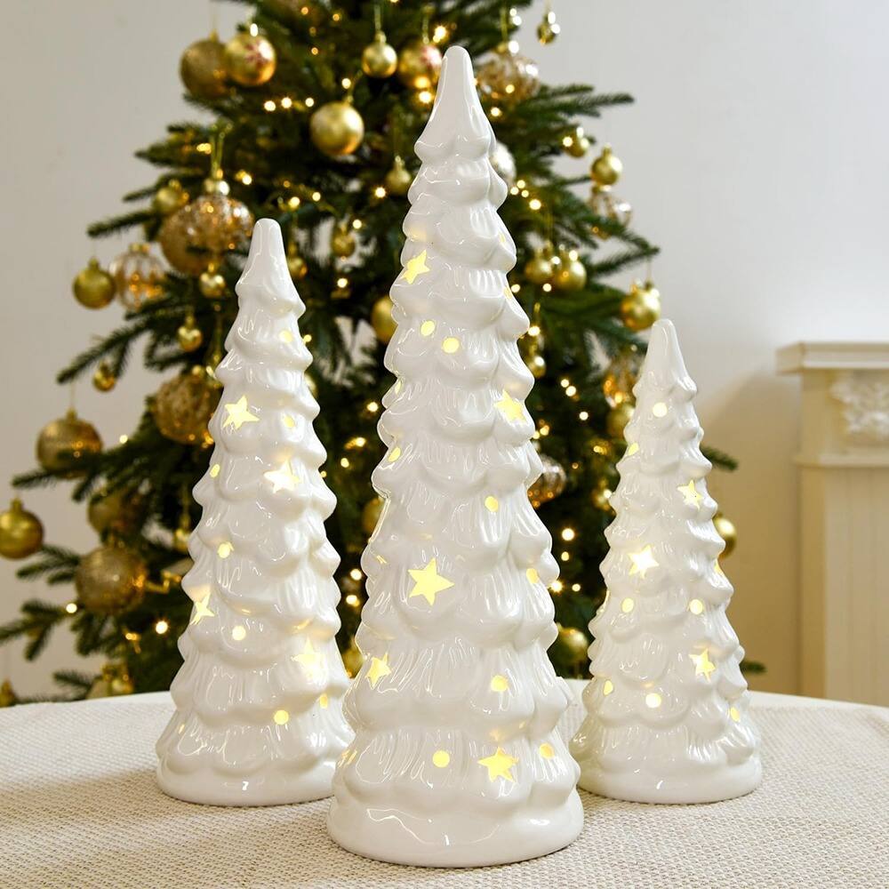 Front. RTMB - “Set of 3 White Ceramic Christmas Trees with Star & Dot Cutouts” - White.