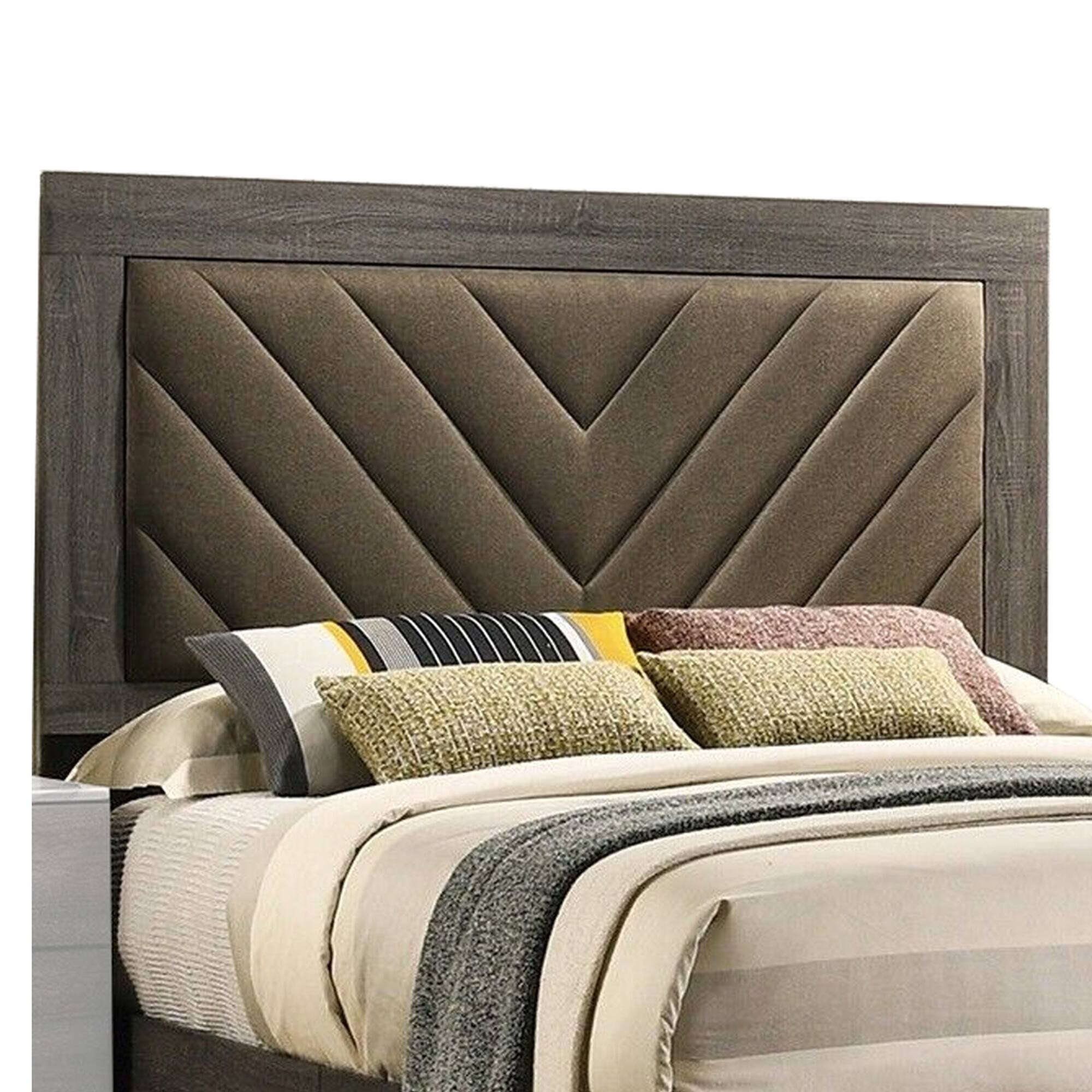Alt View 1. Manhattan Lane - Cato Upholstered King Size Bed, Chevron Tufted Brown Headboard - Gray, Brown.