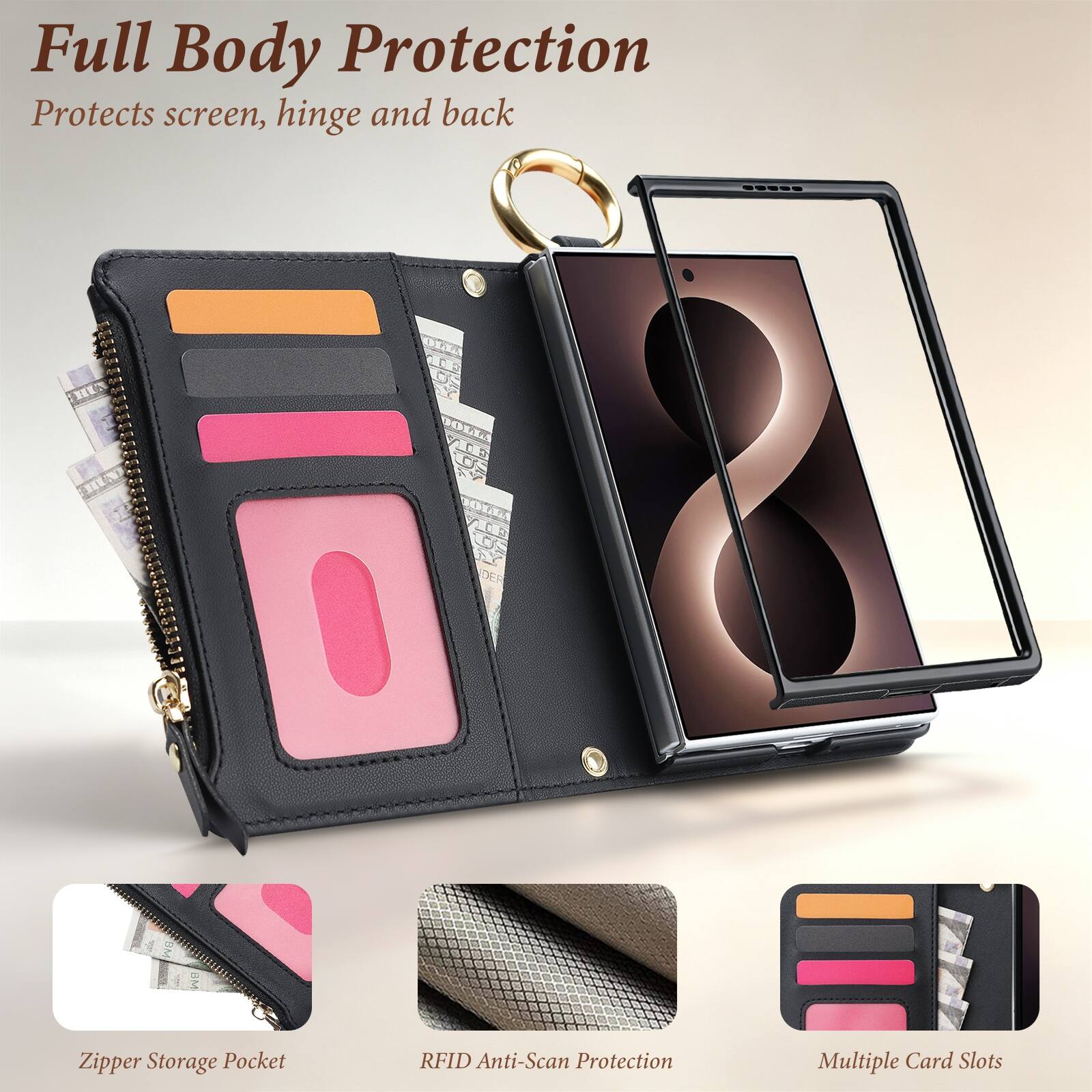 Full Body Protection  
Protects screen, hinge and back  

Zipper Storage Pocket  

RFID Anti-Scan Protection  

Multiple Card Slots