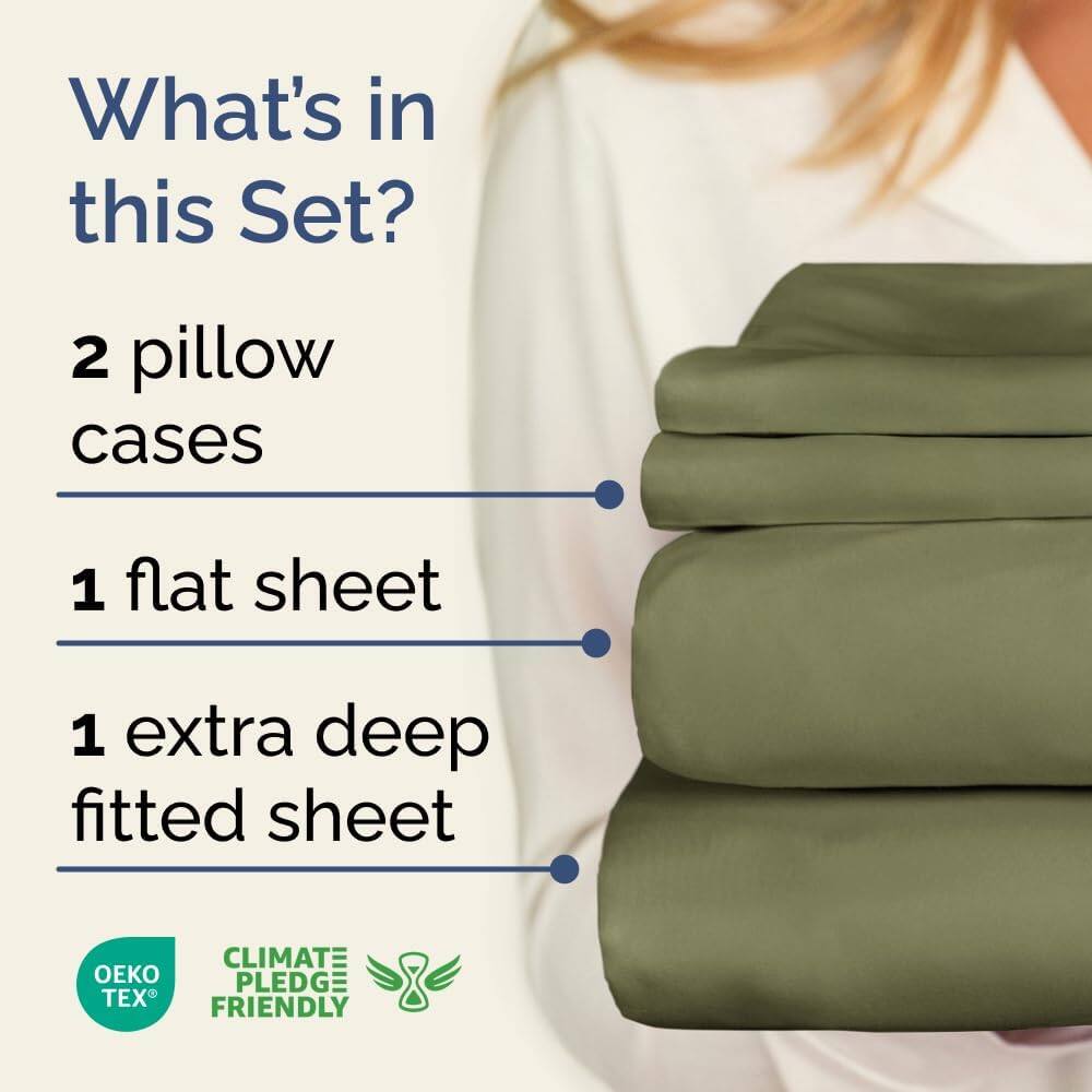 What's in this Set?

- 2 pillow cases
- 1 flat sheet
- 1 extra deep fitted sheet

CLIMATE PLEDGE FRIENDLY

OEKO TEX
