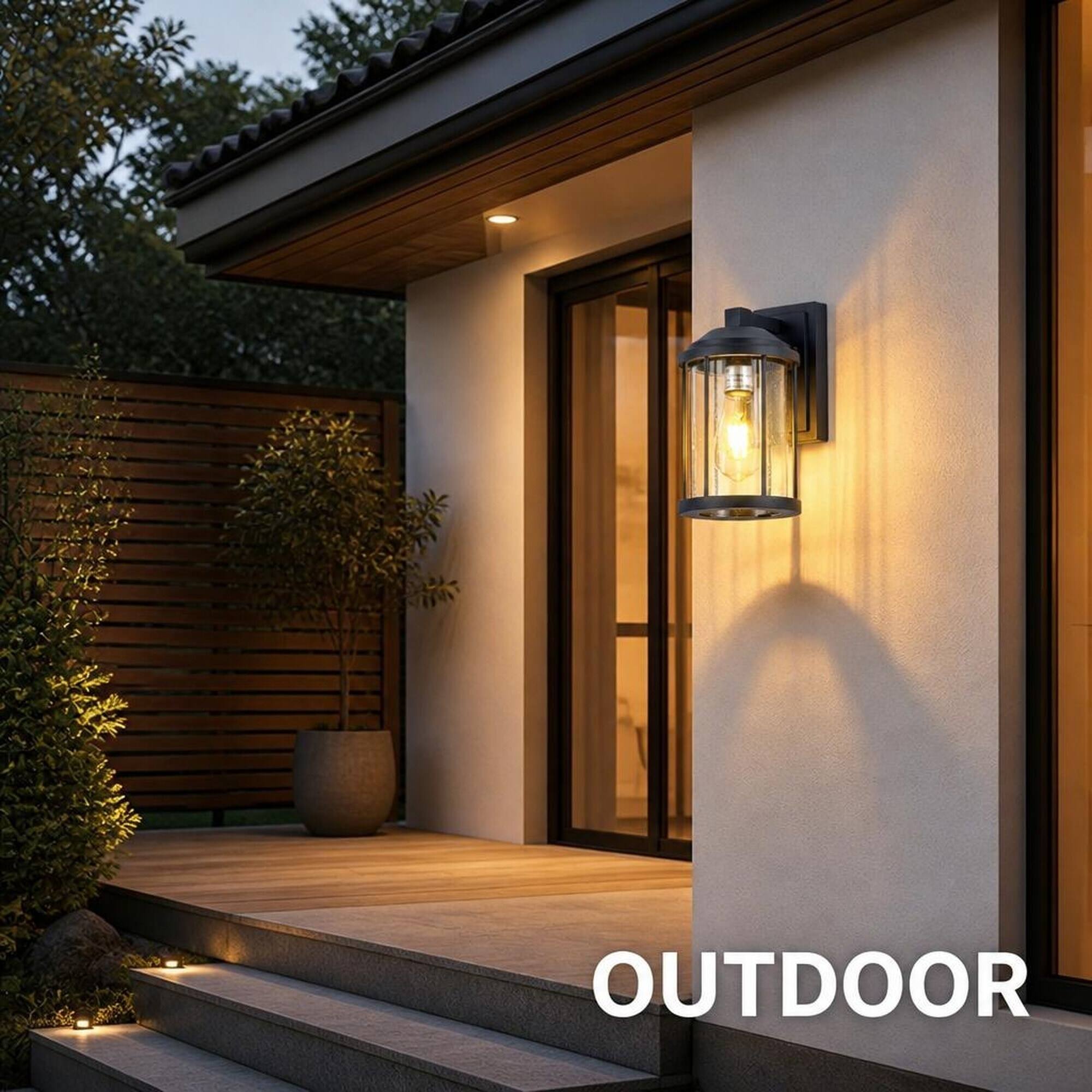 Angle. RYHNUYNE - 2-Pack Outdoor Wall Sconces, Exterior Lantern Fixtures with Seeded Glass, Black Finish for Porch, Garage, Patio, Yard.