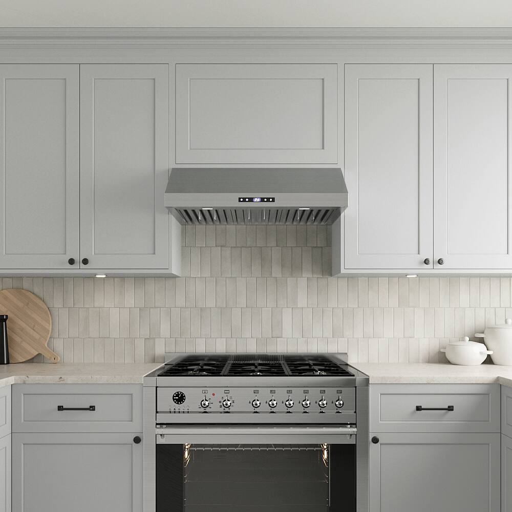 Left. Streamline - 30 in. Lozza Convertible Undermount 406 CFM Range Hood, Baffle Filters, Touchpad Control, LED Lights - Brushed Stainless Steel.