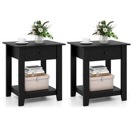 Costway - 2 PCS Nightstand with Drawer 3-Tier Modern Bedside Table with Open Shelf Storage - Black