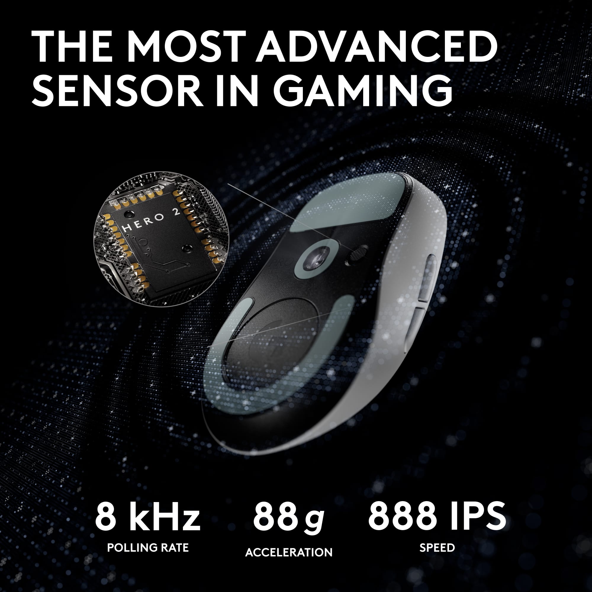THE MOST ADVANCED SENSOR IN GAMING 2 HERO 2 8 kHz POLLING RATE 88 g ACCELERATION 888 IPS SPEED