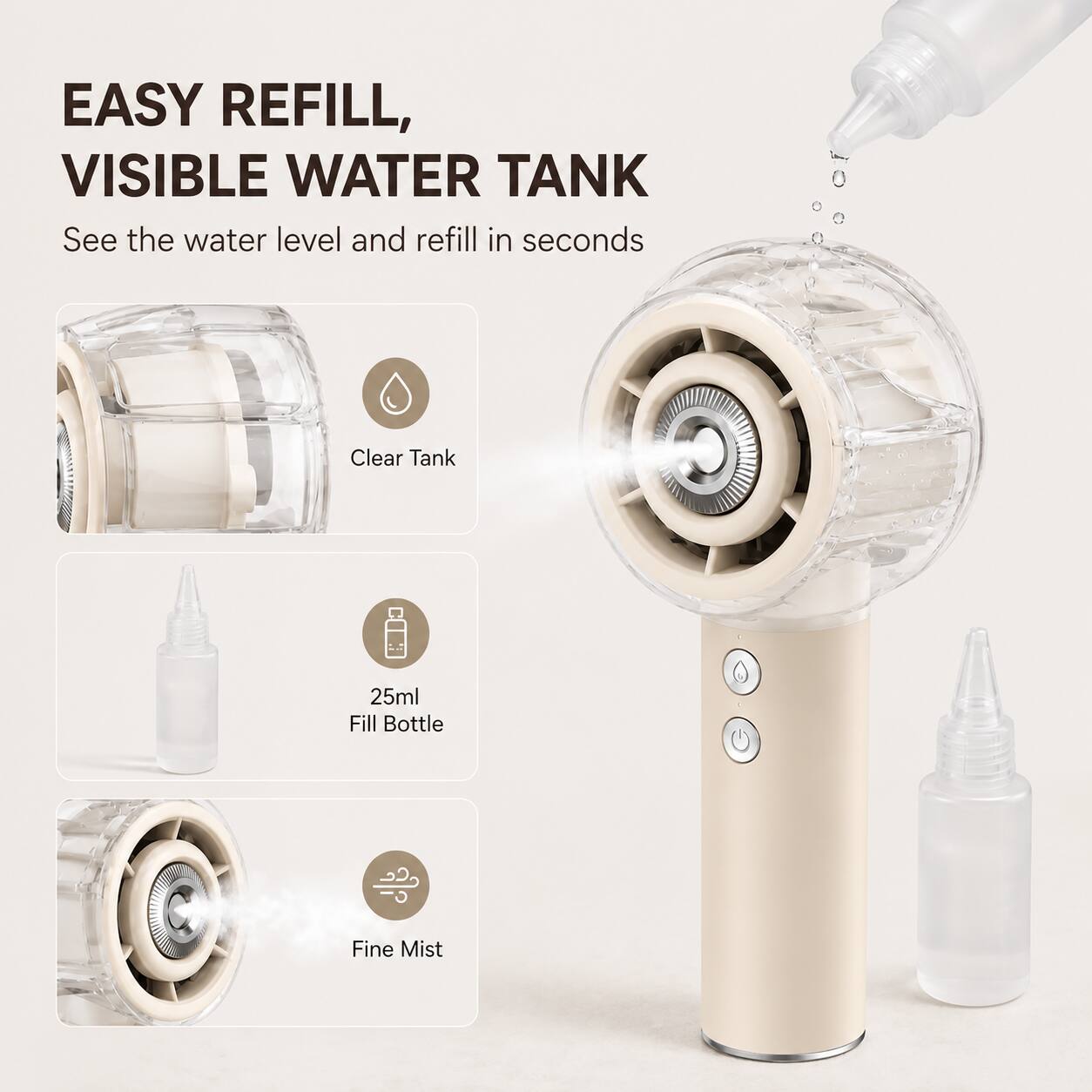 EASY REFILL,  
VISIBLE WATER TANK  
See the water level and refill in seconds  

Clear Tank  
25ml Fill Bottle  
Fine Mist