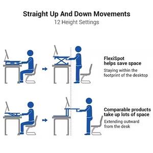 Straight Up And Down Movements  
12 Height Settings  

FlexiSpot helps save space  
Staying within the footprint of the desktop  

Comparable products take up lots of space  
Extending outward from the desk