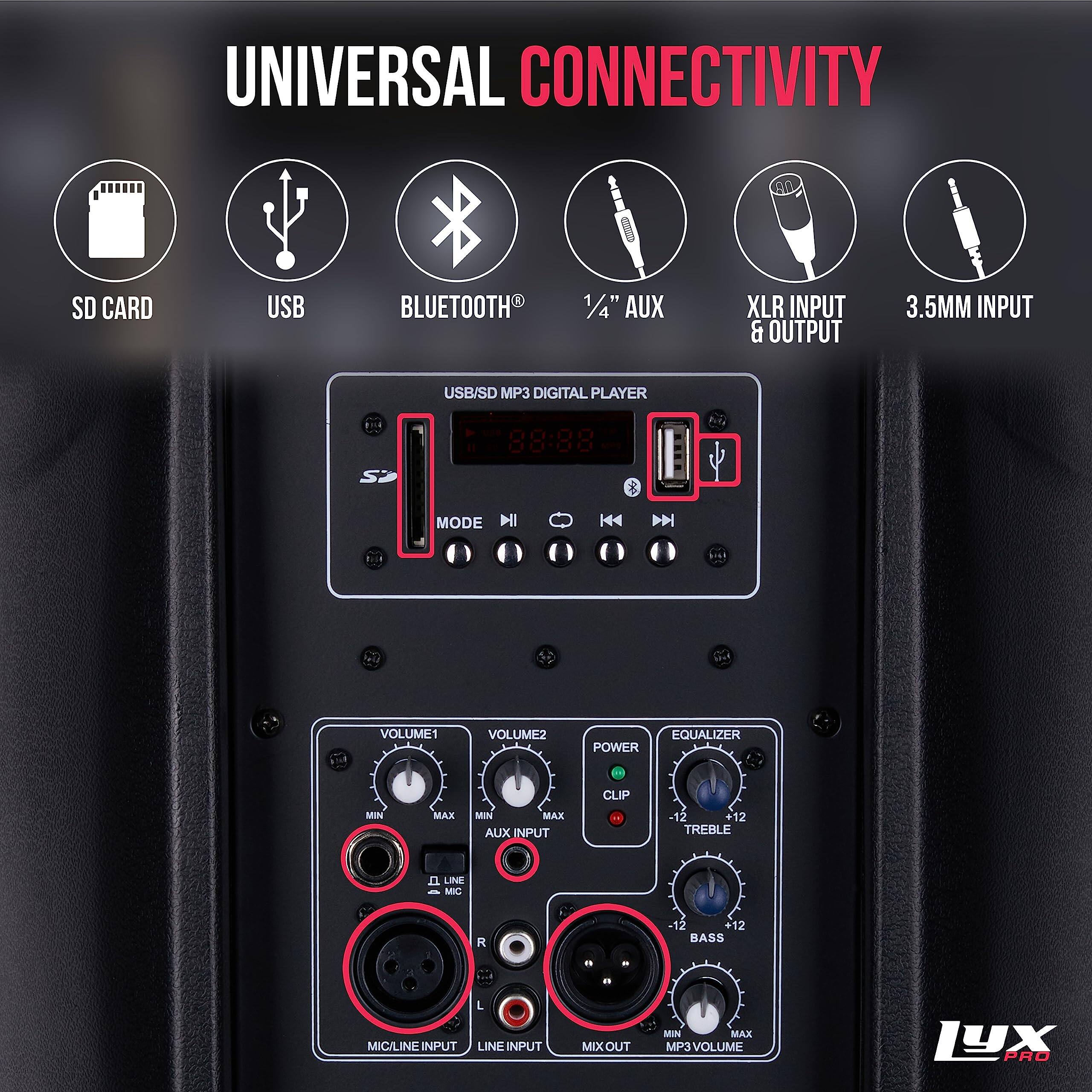 UNIVERSAL CONNECTIVITY  
SD CARD USB BLUETOOTH 1/4" AUX XLR INPUT & OUTPUT 3.5MM INPUT USB/SD MP3 DIGITAL PLAYER SP 88:88 8 MODE HI |44 DN VOLUME1 VOLUME2 EQUALIZER POWER MIN MAX MIN MAX AUX INPUT CLIP - -12 +12 TREBLE n LINE MIC R -12 +12 BASS MIC/LINE INPUT L LINE INPUT MIX OUT MIN MAX MP3 VOLUME LYX PRO