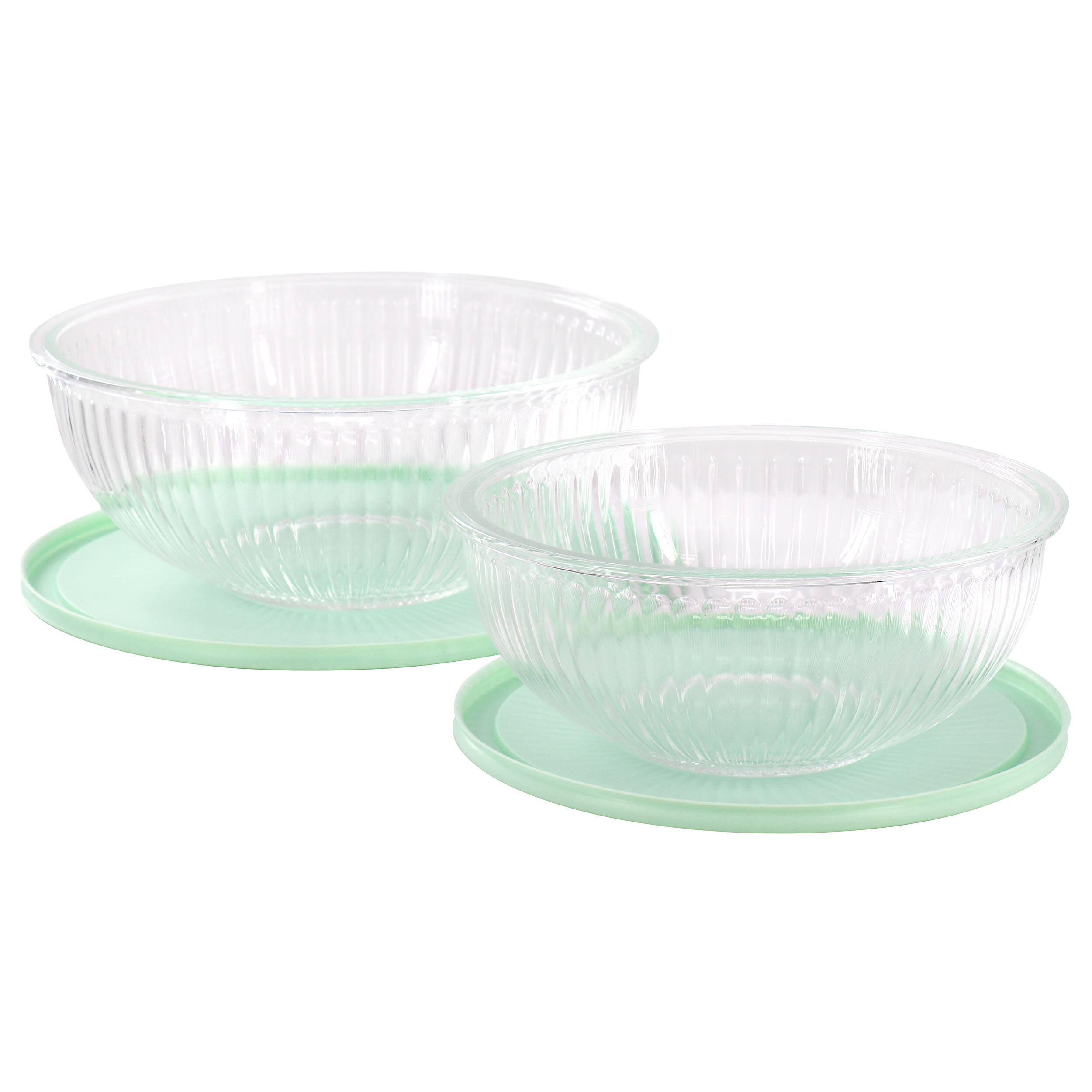 Angle. Martha Stewart - Martha Stewart Everyday Clifftop 4 Piece 67oz and 114oz Glass Bowl Set with Lids in Mint - Mint.