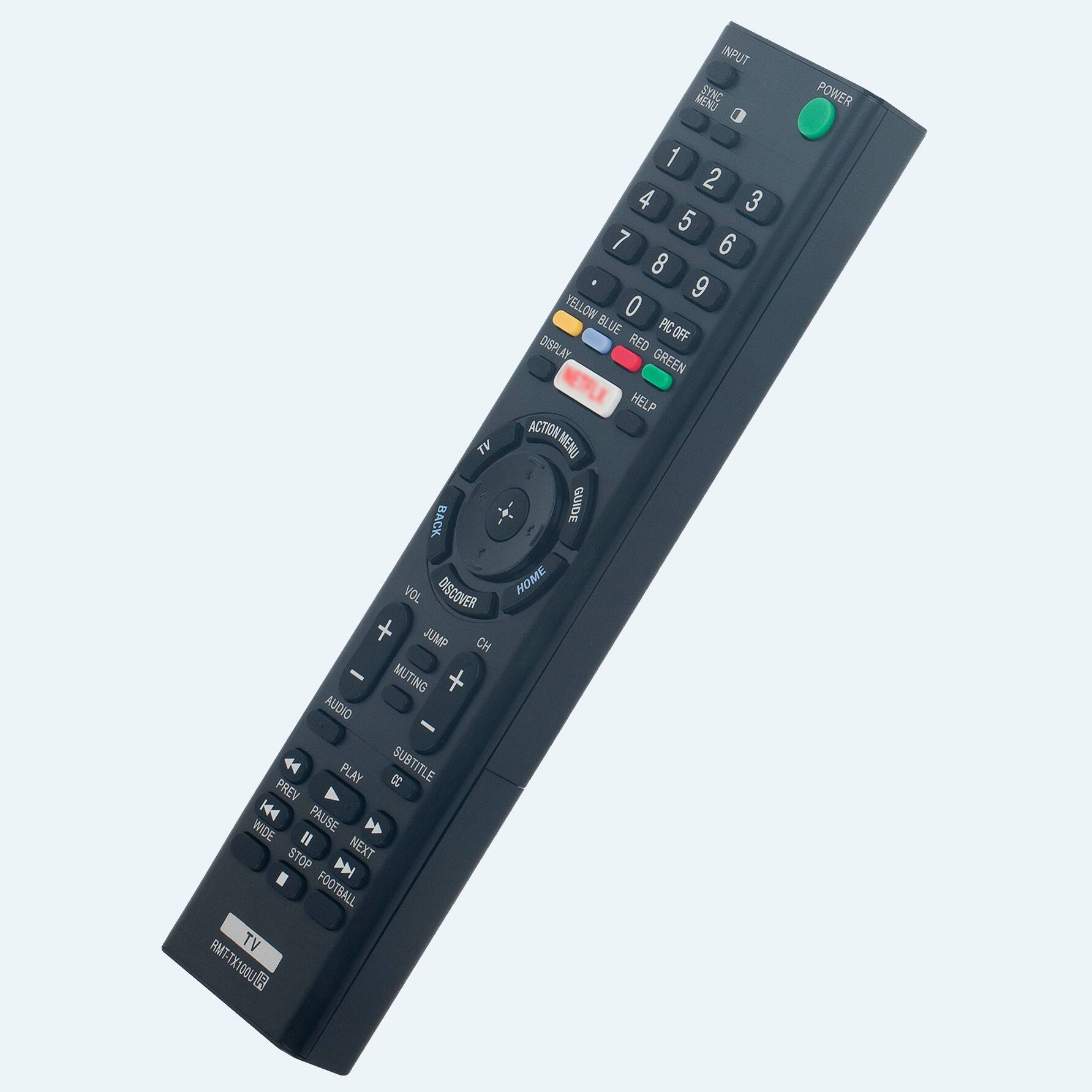 INPUT MENJ SYNC I POWER AL BACK VOL DISCOVER + JUMP CH MUTING + AUDIO 44 PLAY CC SUBTITLE PREV K44 PAUSE WIDE II STOP NEXT DN FOOTBALL TV RMT-TX100UR 1 2 3 4 5 6 7 8 9 YELLOW 0 BLUE PICOFF DISPLAY RED GREEN NETILE HELP ACTION MENU GUIDE HOME
