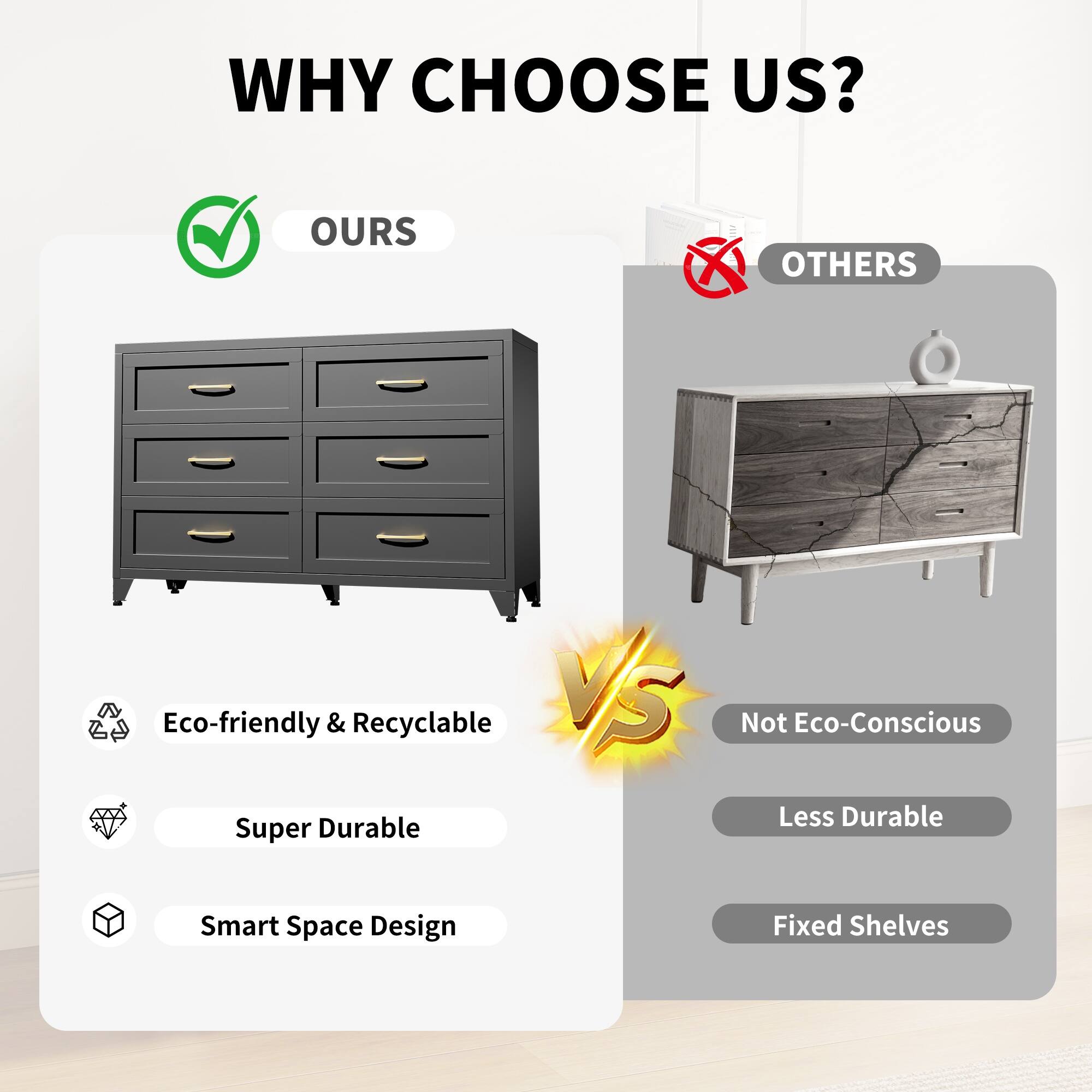 WHY CHOOSE US?

OURS
- Eco-friendly & Recyclable
- Super Durable
- Smart Space Design

VS

OTHERS
- Not Eco-Conscious
- Less Durable
- Fixed Shelves