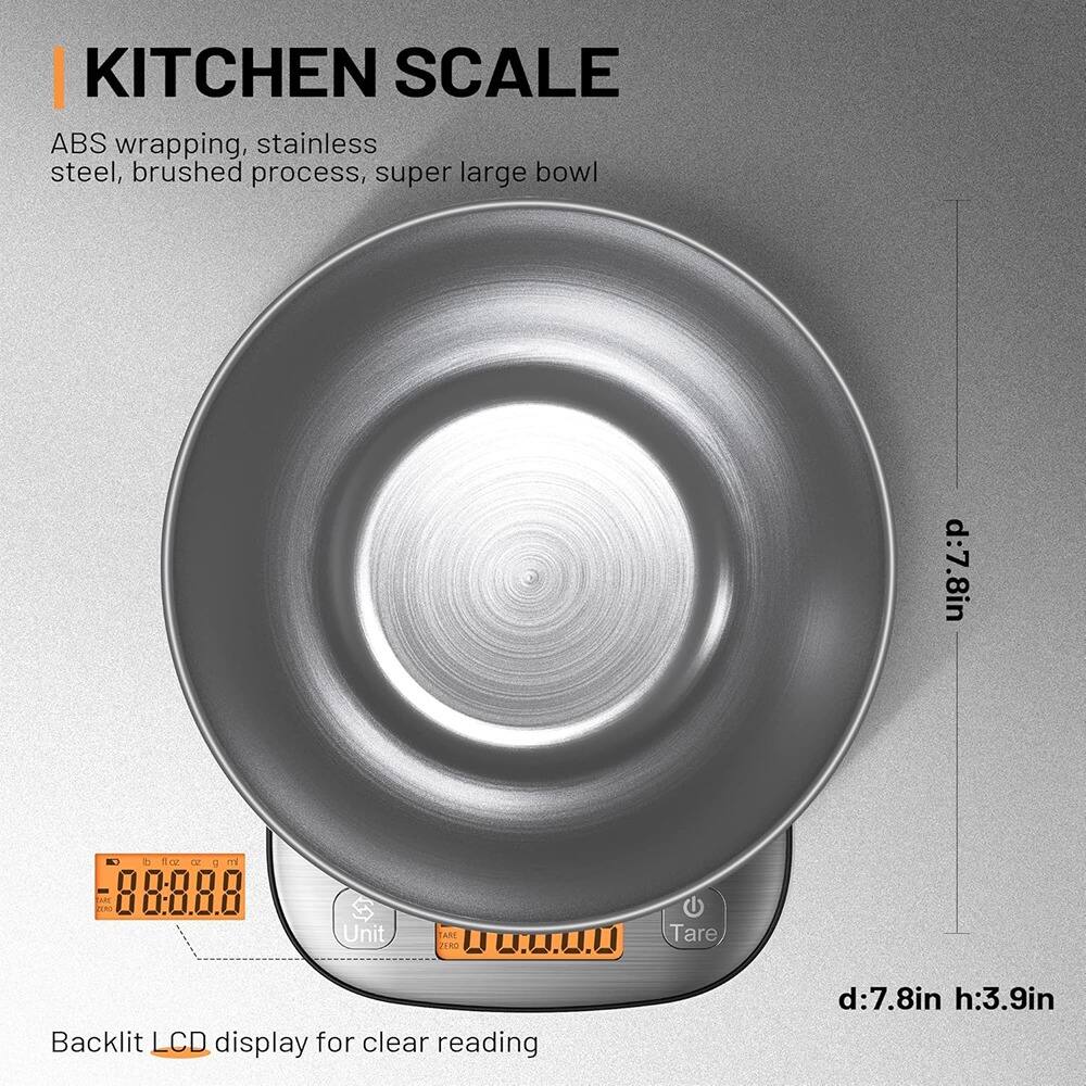 KITCHEN SCALE

ABS wrapping, stainless steel, brushed process, super large bowl

Backlit LCD display for clear reading

d:7.8in h:3.9in